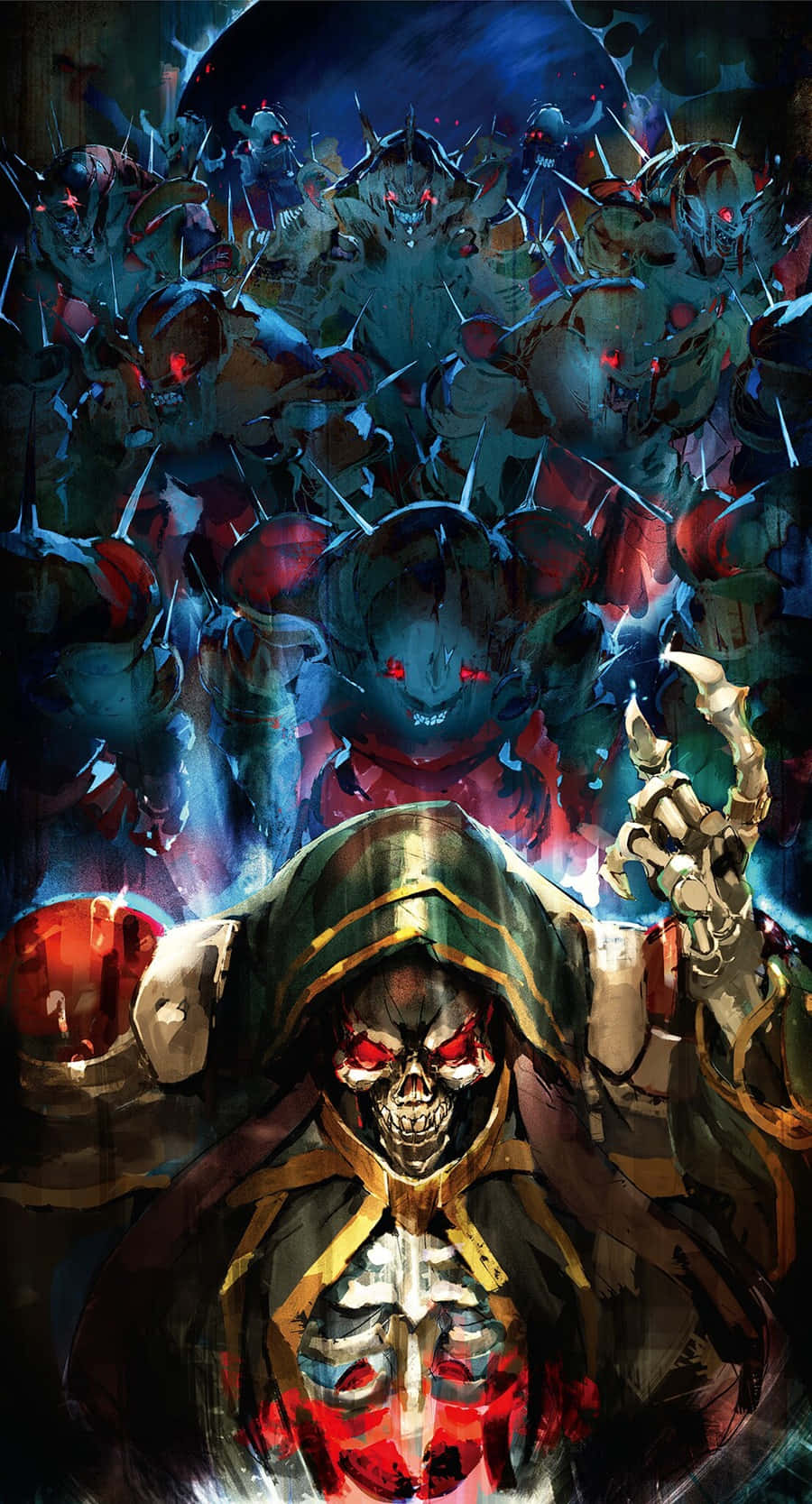 Overlord 桌布 壁紙 — 一個戴著兜帽的骷髏身影，雙眼發出紅光，在黑暗的月亮下指揮一群惡魔生物。