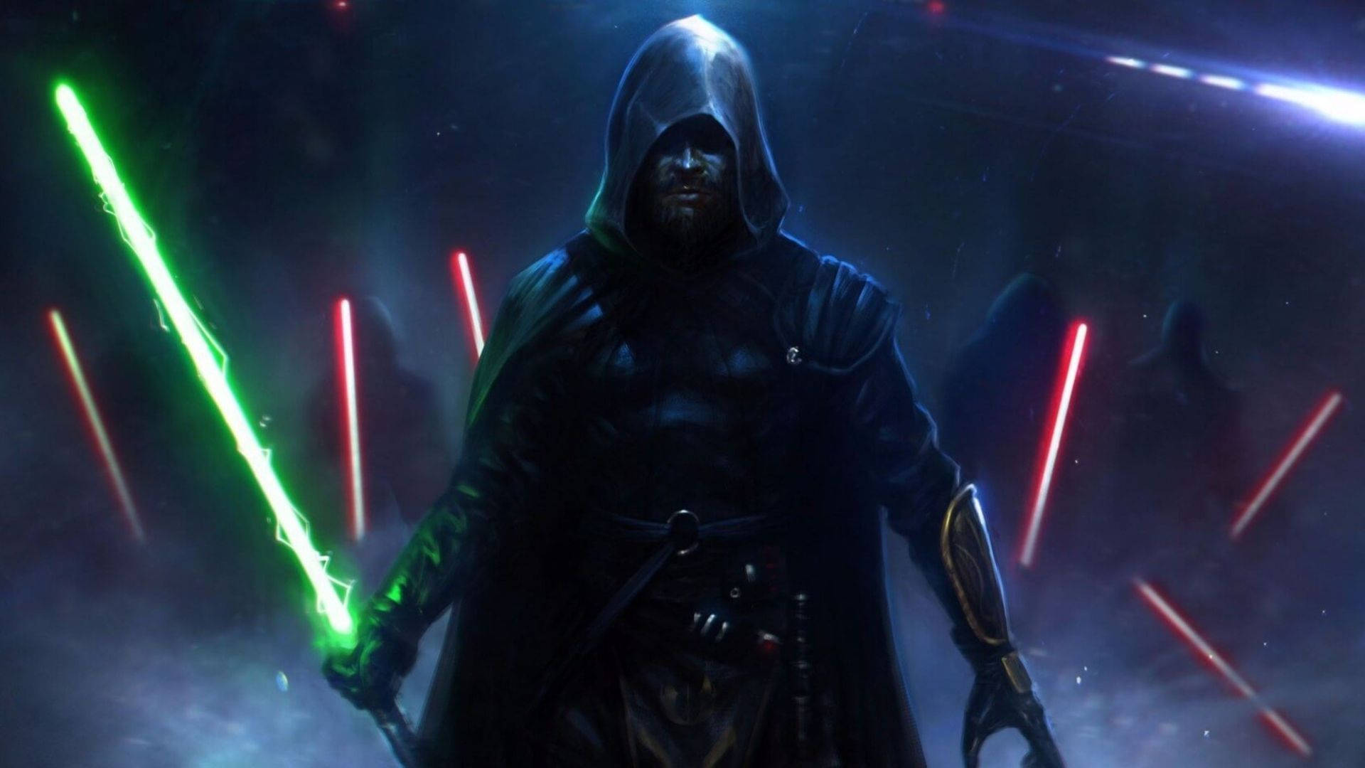 Jedi 桌布 壁紙 — 一個戴著兜帽的黑暗人物在煙霧瀰漫、電影般的科幻戰鬥場景中，揮舞著發光的綠色光劍，周圍漂浮著紅色刀片。