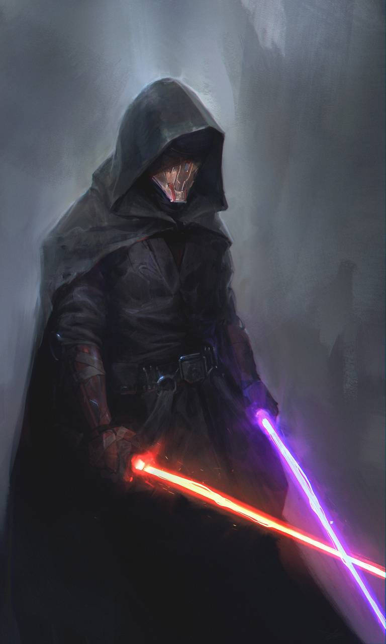 Revan 桌布 壁紙 — 一個戴著兜帽的黑暗人物在霧濛濛的灰色背景下揮舞著兩把發光紅色和紫色的光劍。