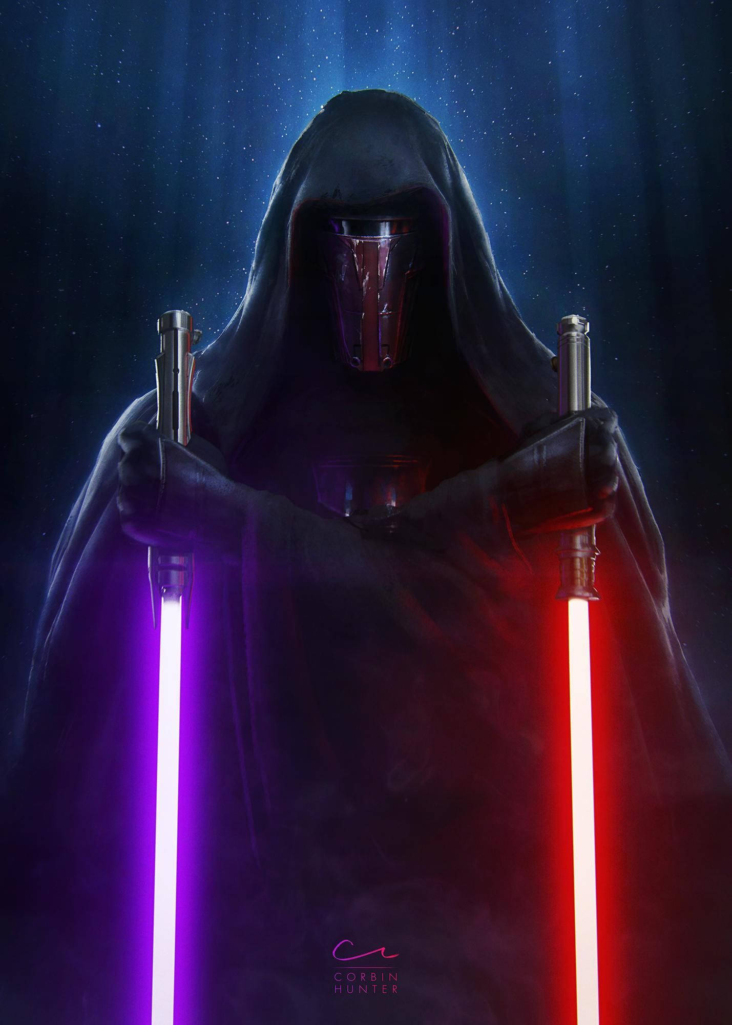 Revan 桌布 壁紙 — 一個戴著兜帽的黑暗人物手持兩把發光的紫色和紅色光劍，背景是星光燦爛的宇宙。