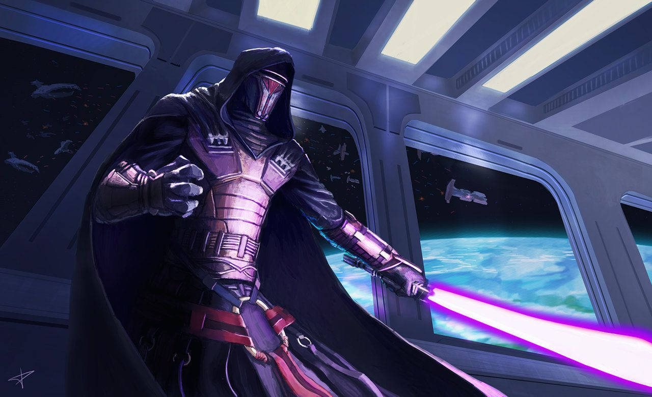 Revan 桌布 壁紙 — 一個戴著兜帽的黑暗戰士在太空船駕駛艙內揮舞著發光的紫色光劍，俯瞰著一顆藍色星球。