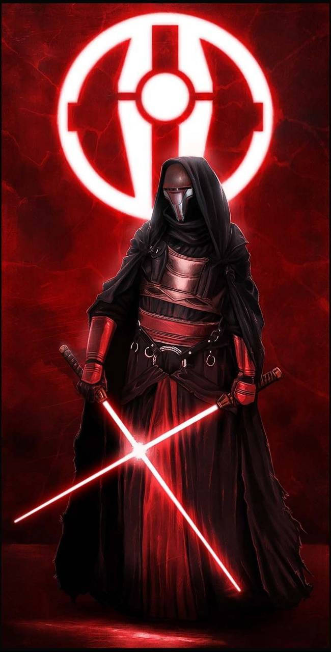 Revan 桌布 壁紙 — 一個戴著兜帽的黑暗戰士手持交叉的紅色光劍，站在發光的紅色西斯標誌前，背景是破裂的深紅色。