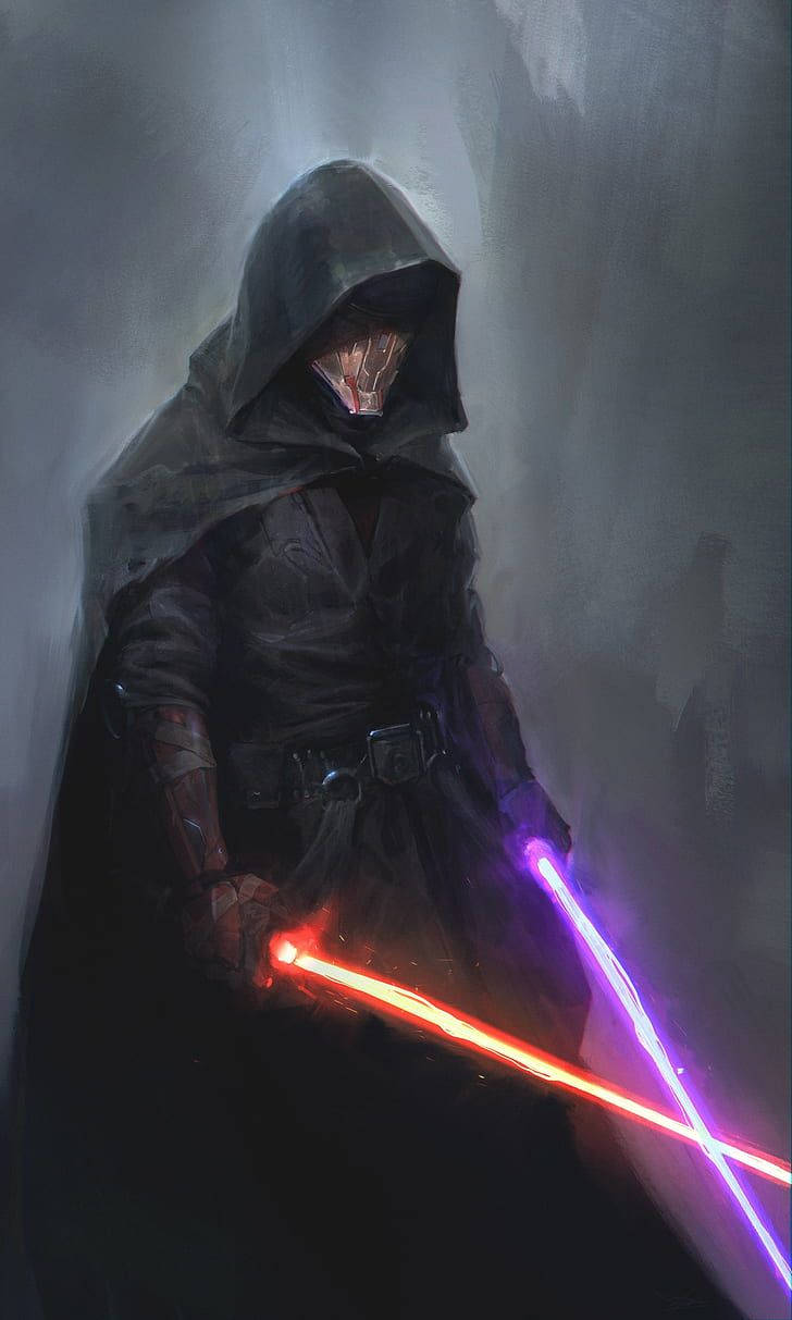 Lightsaber 桌布 壁紙 — 一個戴著兜帽的黑暗身影，在迷濛的灰色背景下揮舞著兩把發出紅光和紫光的光劍。