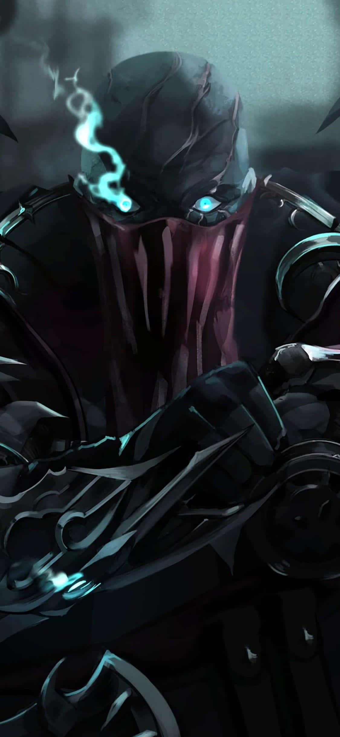 Android League Of Legends 桌布 壁紙 — 一個戴著兜帽的黑暗身影，擁有發光的藍色眼睛和劈啪作響的能量，在陰影盔甲中散發出不祥的氣息。