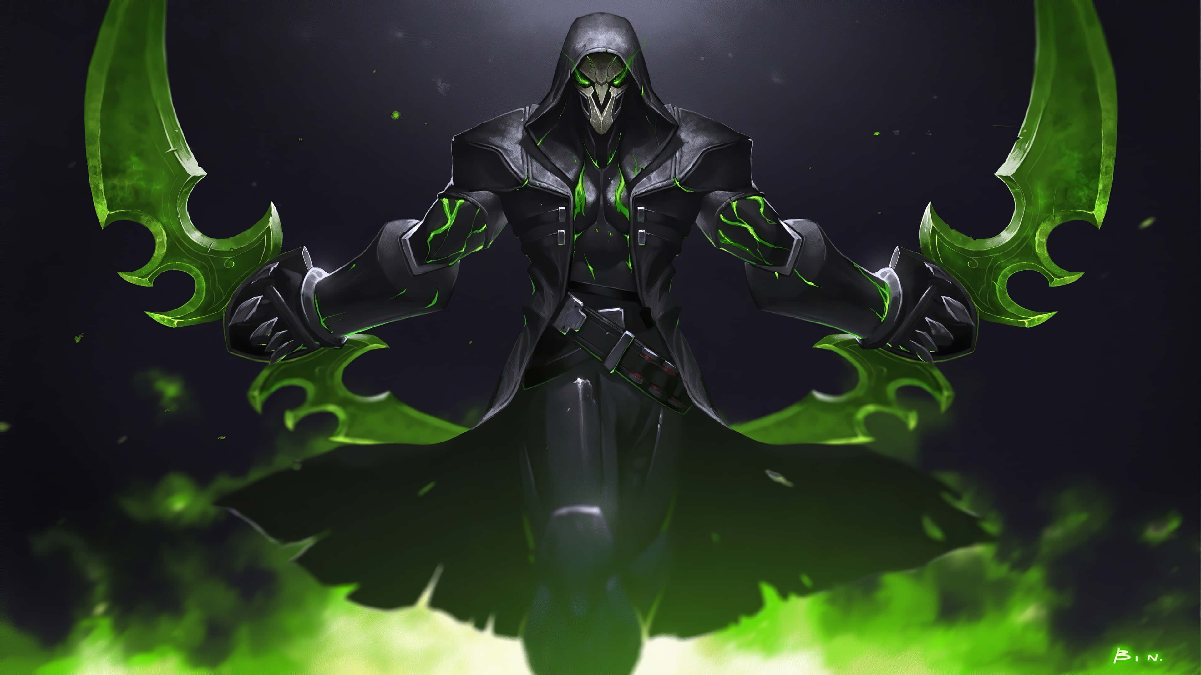 Genji 4K 桌布 壁紙 — 一個戴著兜帽的黑暗身影，擁有發光的綠色眼睛和能量刀刃，在煙霧繚繞的綠色和黑色背景前威風凜凜地站立。