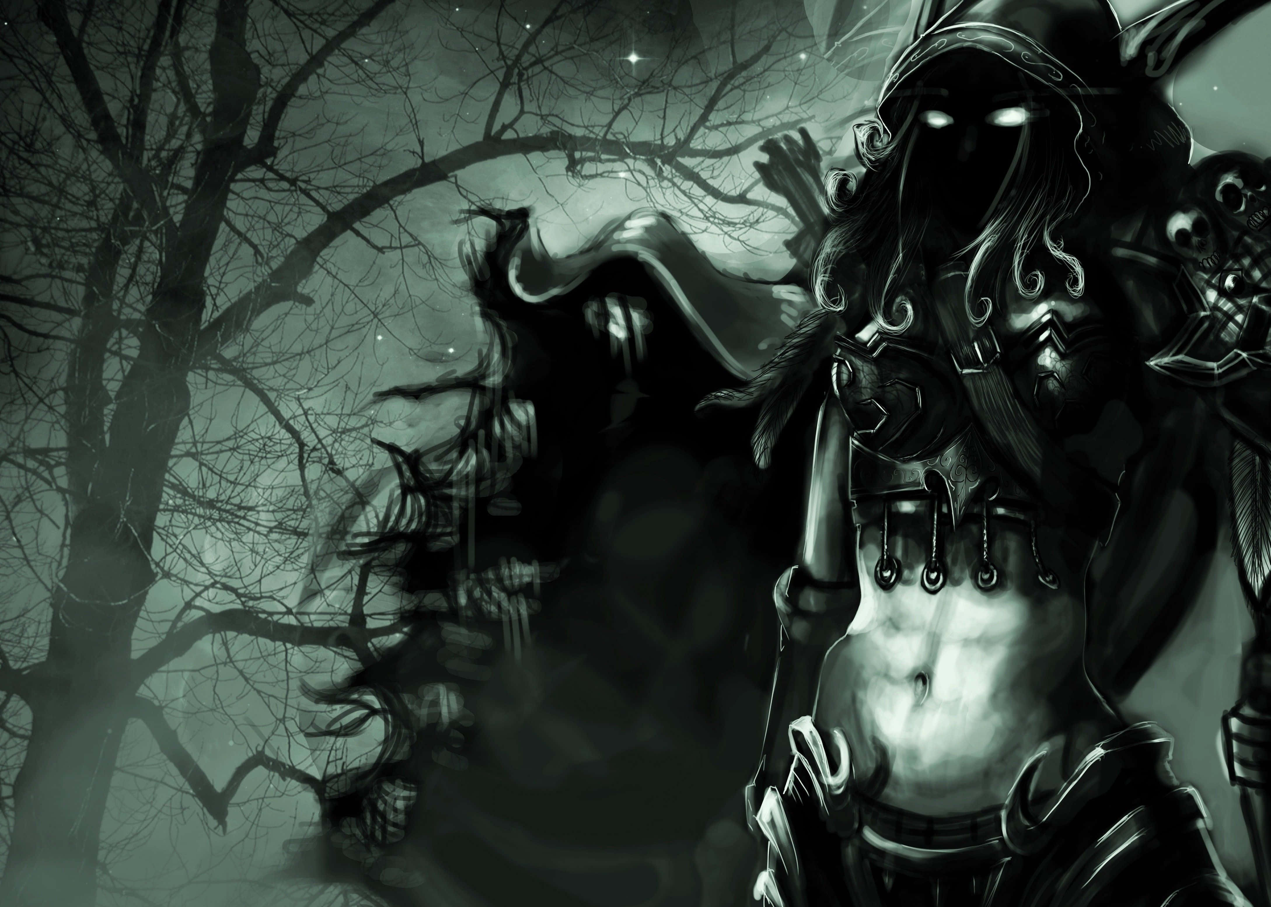 Sylvanas Windrunner 桌布 壁紙 — 一個戴著兜帽的黑暗身影，眼睛發光，站在星光夜空下扭曲的裸樹之間。