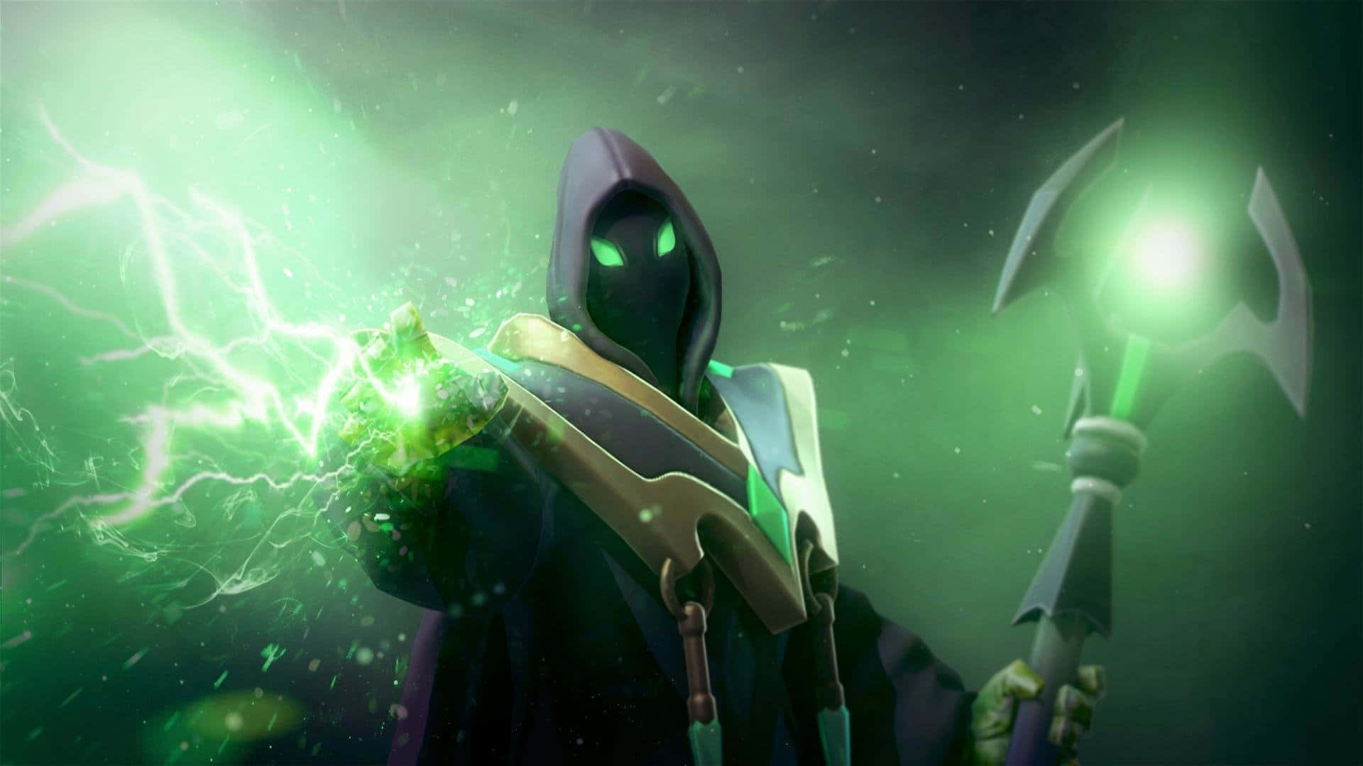 1920x1080 Dota 2 桌布 壁紙 — 一個戴著兜帽的黑暗身影，眼睛發出綠色光芒，在神秘的綠色照明環境中，從法杖引導出噼啪作響的綠色能量。
