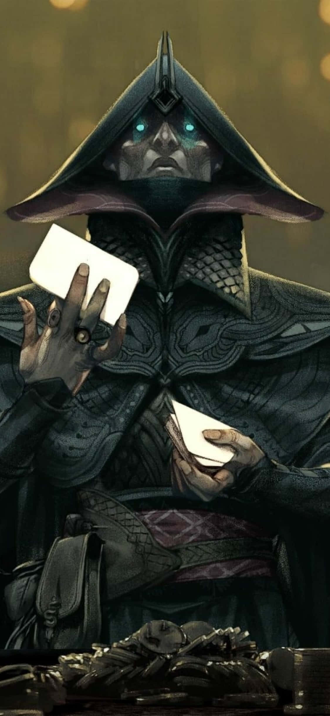 iPhone Xs Dragon Age Inquisition 桌布 壁紙 — 一個戴著兜帽的黑暗身影，藍色眼睛發光，在昏暗場景中將牌舉在一堆骨頭上。