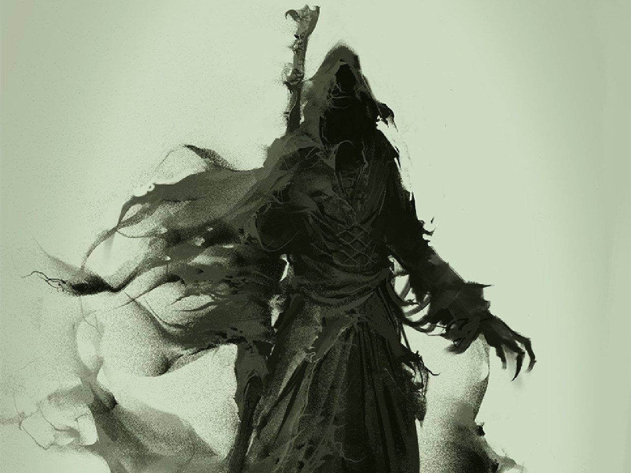 reaper 桌布 壁紙 — 一個戴著兜帽的黑暗身影，身穿飄逸長袍，手爪如鉤，手持法杖，背景為淡綠色。