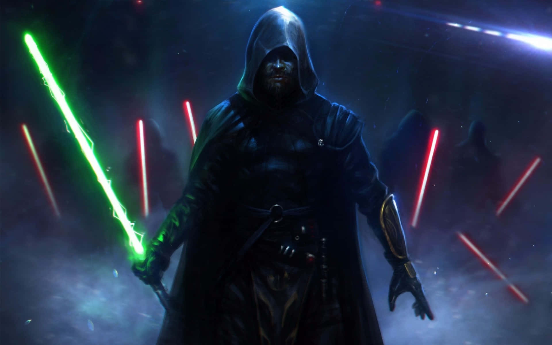 Lightsaber Duels 桌布 壁紙 — 一個戴著兜帽的黑暗身影在煙霧彌漫的宇宙戰場中揮舞著發光的綠色光劍，周圍漂浮著紅色刀片。