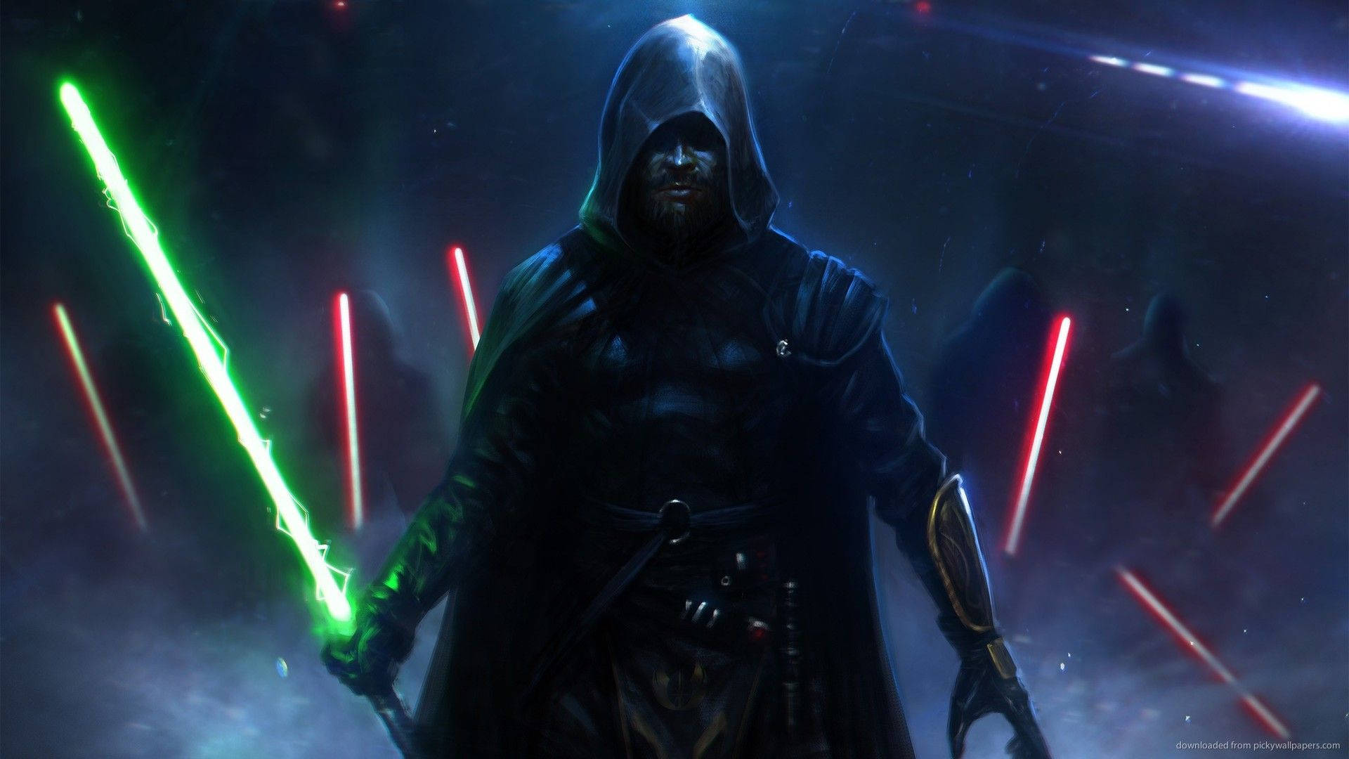 Sith 桌布 壁紙 — 一個戴著兜帽的黑暗身影在陰暗的宇宙競技場中揮舞著發光的綠色光劍，周圍漂浮著紅色刀片。