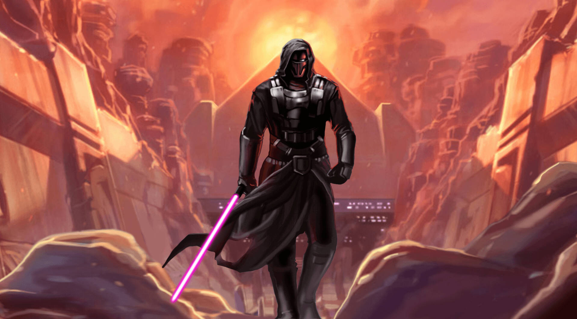 Revan 桌布 壁紙 — 一個戴著兜帽的黑暗身影站在峽谷中，手持發光的粉紅色光劍，背景是火紅的橙色天空。