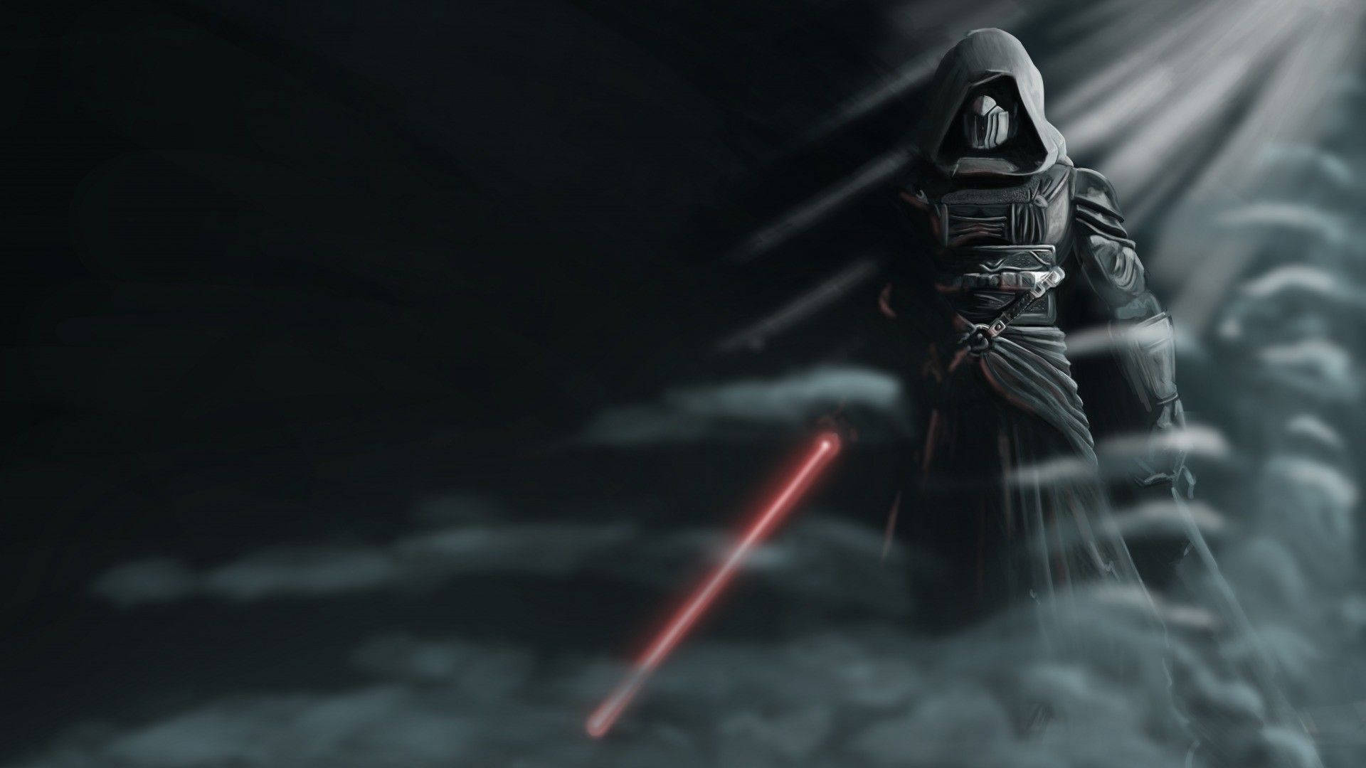 Revan 桌布 壁紙 — 一個戴著兜帽的黑暗身影站在暴風雲上，揮舞著發光的紅色光劍，背景是黑暗的天空和戲劇性的光線。