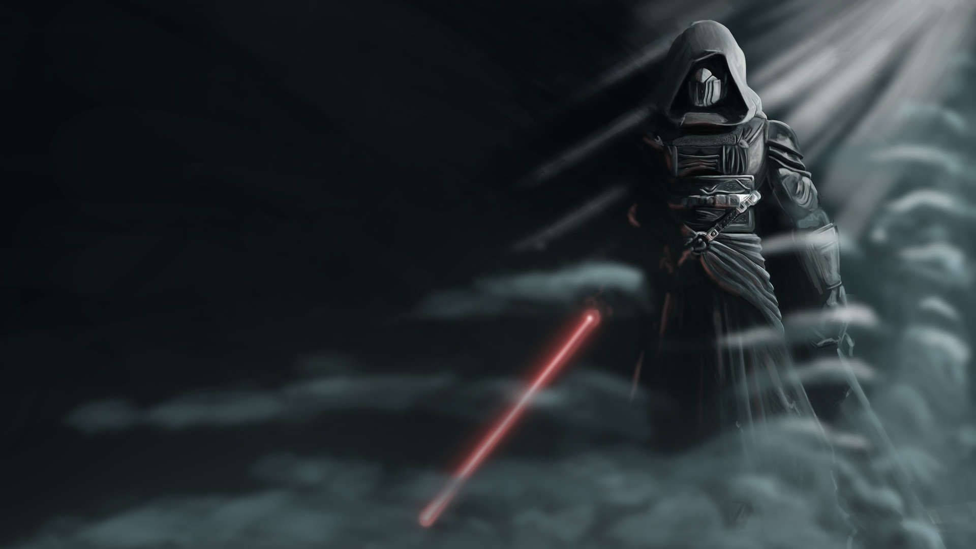 Sith 桌布 壁紙 — 一個戴著兜帽的黑暗身影站在暴風雲中，揮舞著紅色光劍，帶有戲劇性的背光效果。