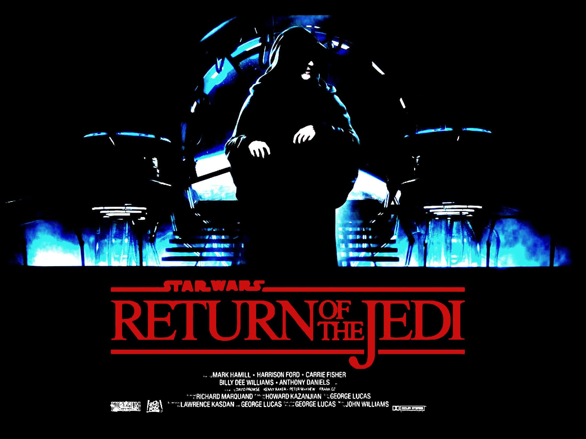 Return Of The Jedi 桌布 壁紙 — 一個戴著兜帽的黑色剪影坐在一個類似王座的結構上，被發光的藍色燈光照亮，背景為黑色，帶有紅色電影標題文字。