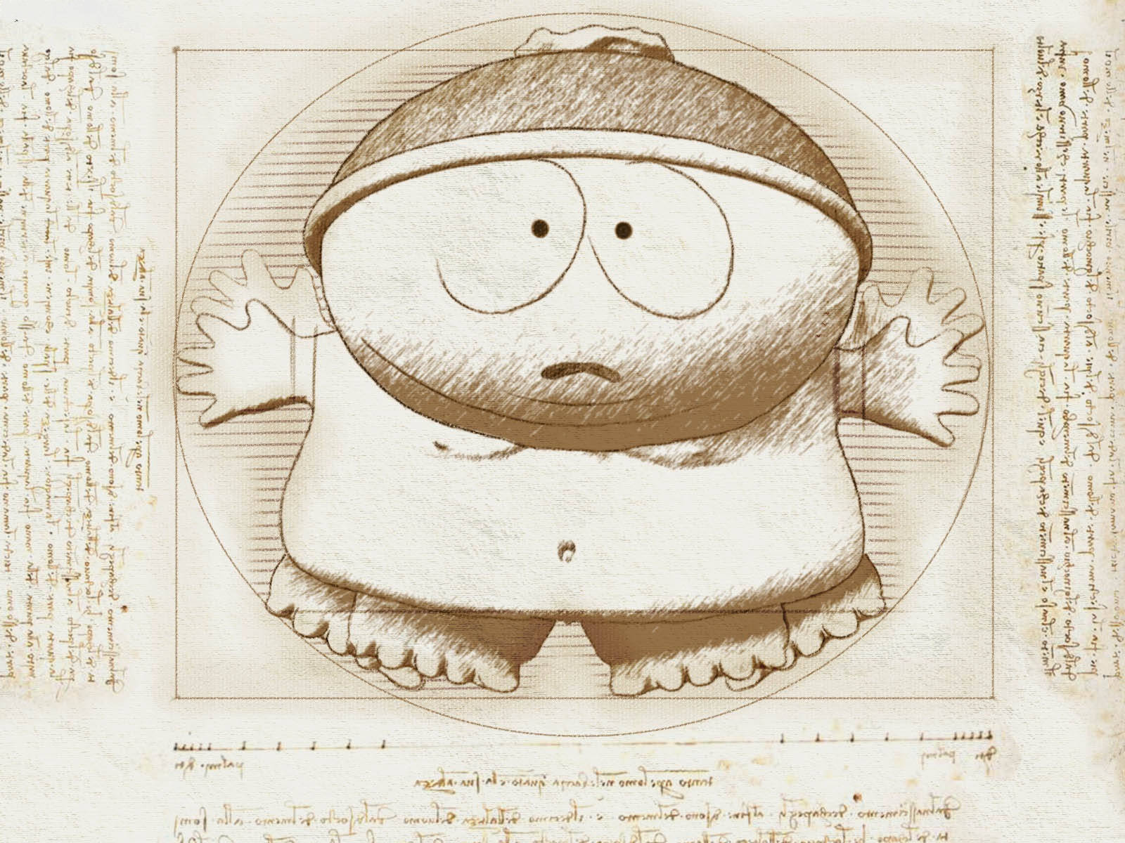 Cartman 桌布 壁紙 — 一個戴著冬季帽子的卡通角色以達文西風格繪製，帶有素描陰影和圓圈周圍的手寫筆記。
