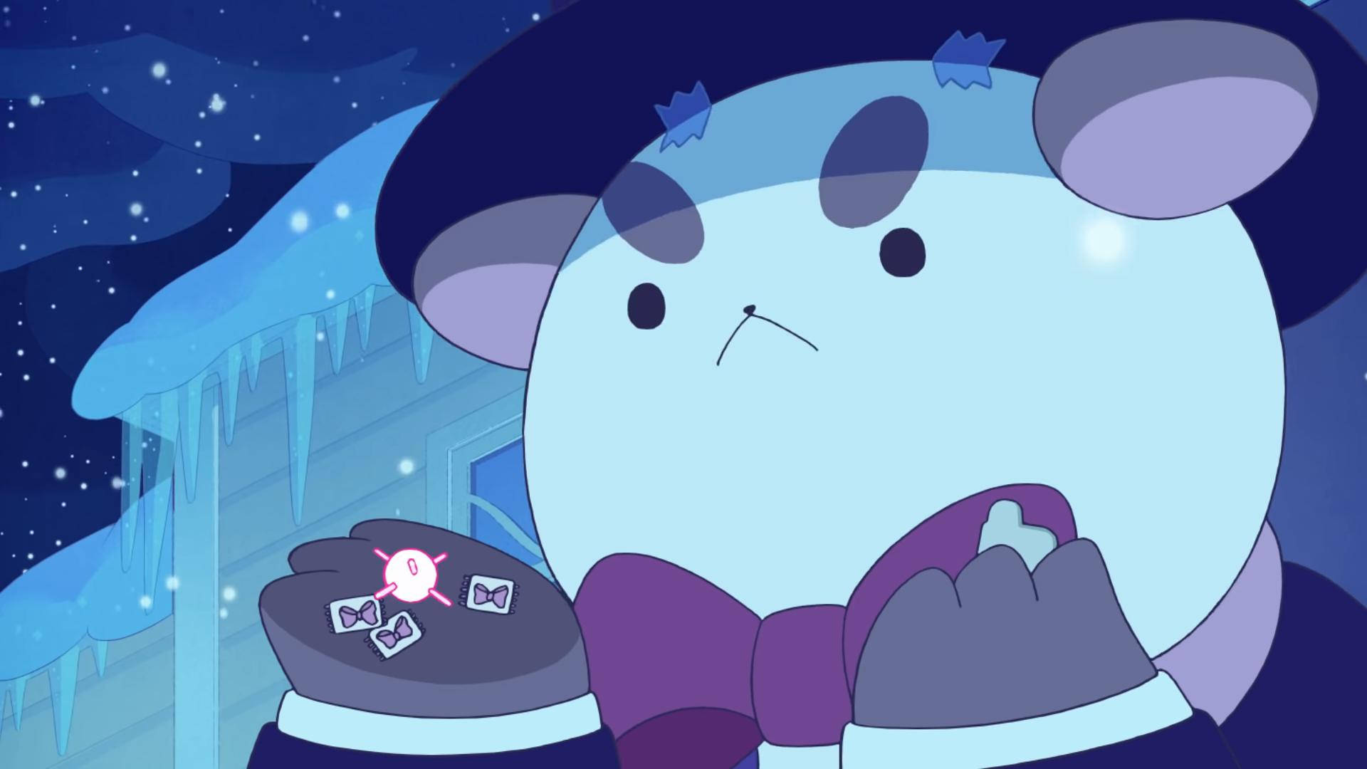 bee and puppycat 桌布 壁紙 — 一個戴著冬季帽子的藍色卡通角色在星空下拿著發光的物體，周圍有冰柱。