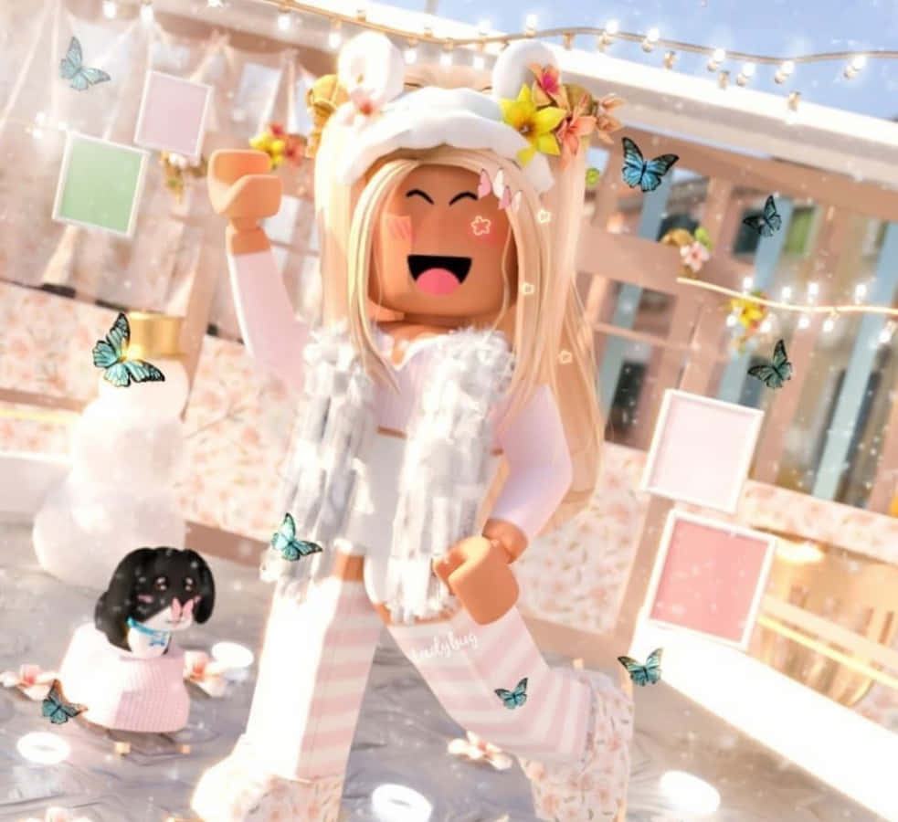 美學 Roblox 女孩 桌布 壁紙 — 一個戴著冬帽和圍巾的快樂Roblox虛擬角色在陽光普照、以柔和色調裝飾的房間裡與蝴蝶共舞。