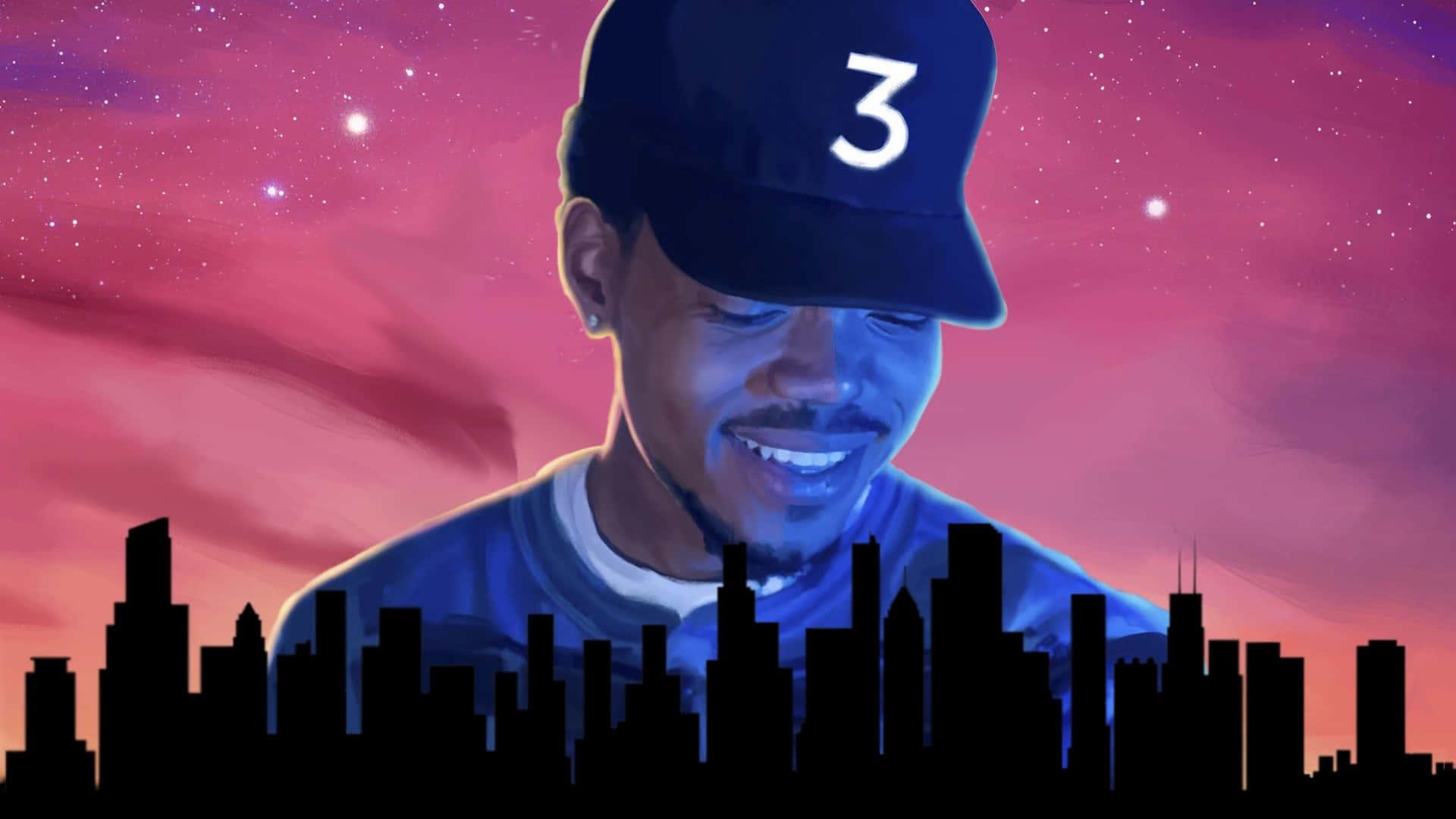 Rapper Pc 桌布 壁紙 — 一個戴著印有數字三的帽子的微笑男子，背景是城市天際線剪影上方充滿活力的粉紅和紫色星空。