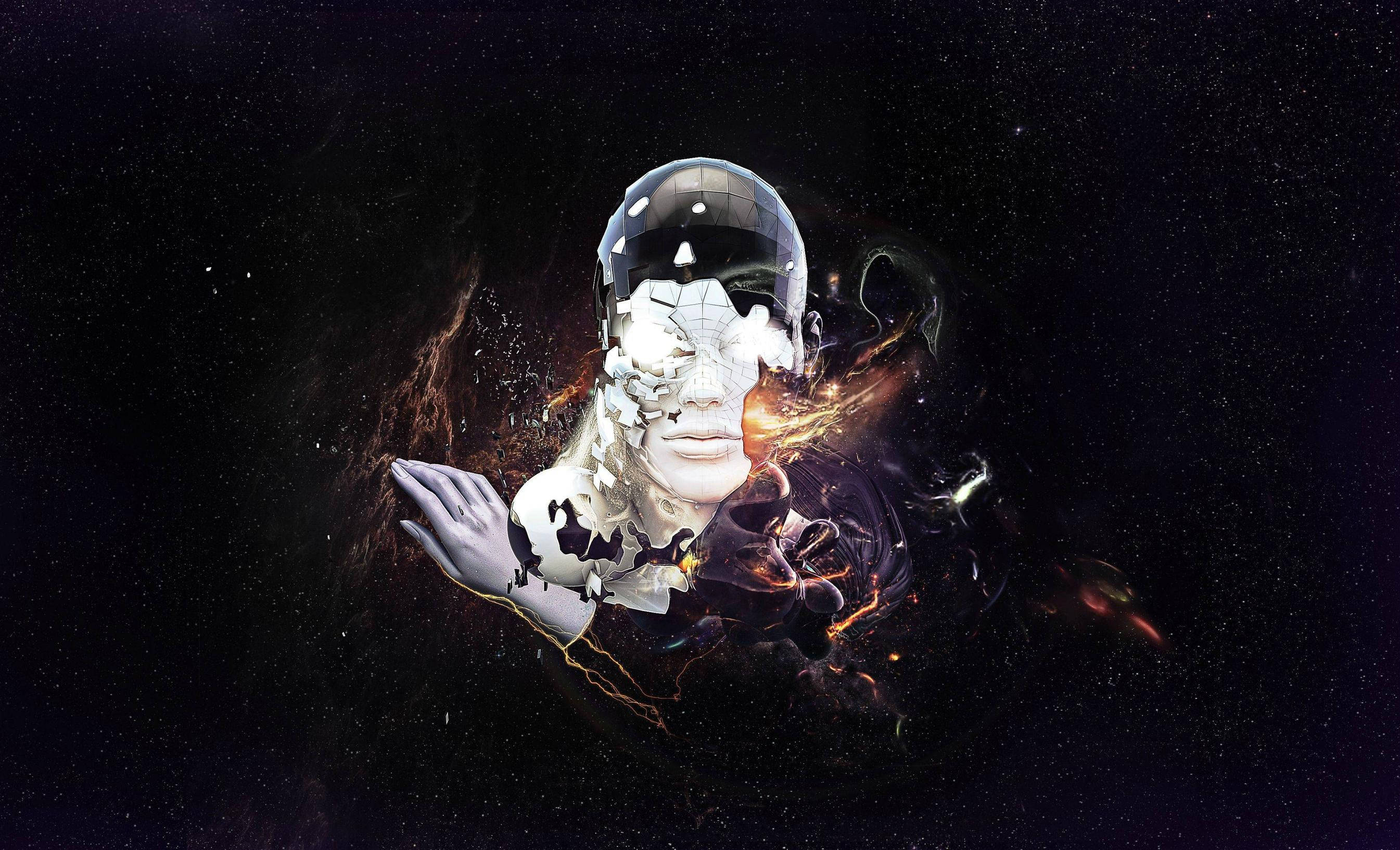 超炫動圖 桌布 壁紙 — 一個戴著反光頭盔的人形身影在星空太空背景下消散成宇宙能量。
