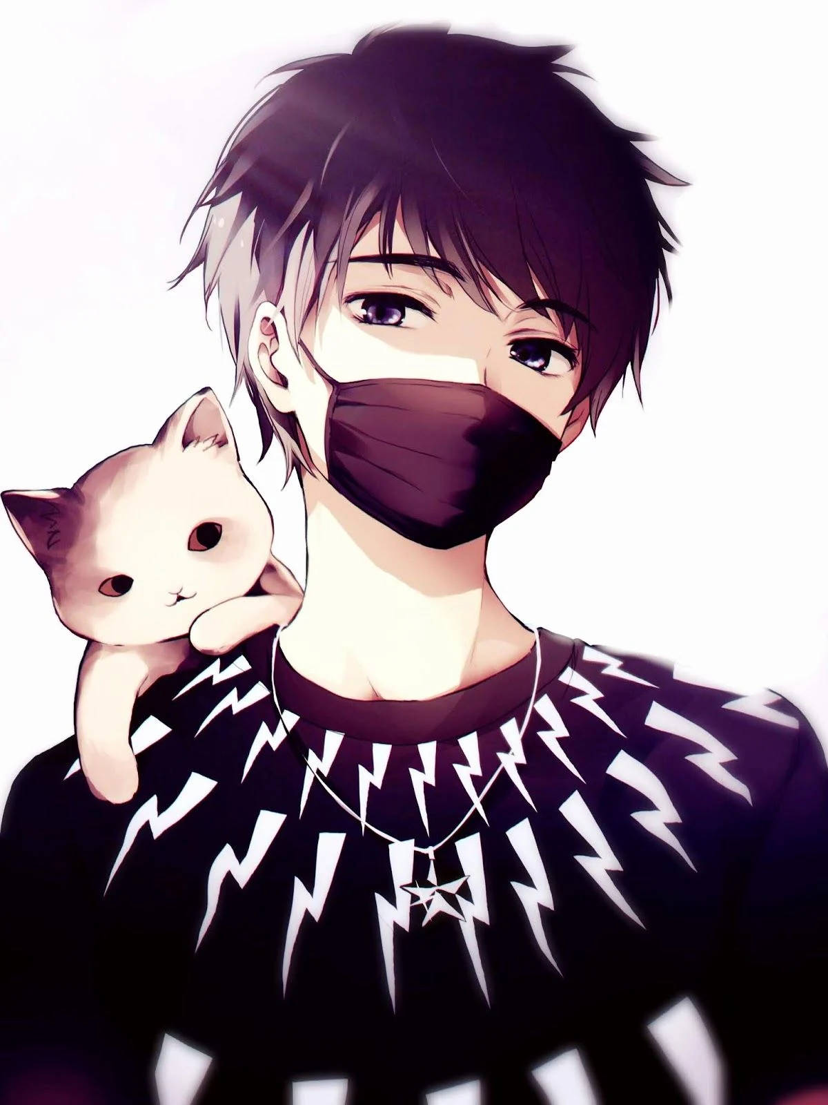 Cute Anime Boy 桌布 壁紙 — 一個戴著口罩、黑髮的動漫男孩，在純白背景前輕輕抱著一隻白色小貓。