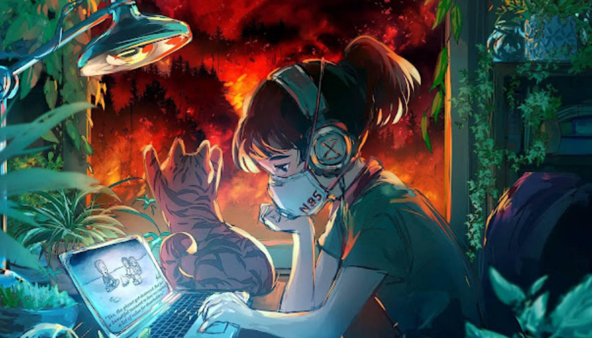 4K 桌布 壁紙 — 一個戴著口罩和耳機的年輕女孩正在筆記型電腦上工作，旁邊有一隻貓，窗外燃燒般的紅色天空閃耀著。