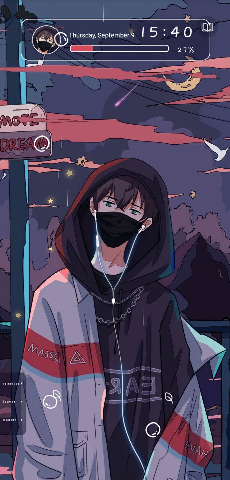 憂鬱少年動漫 桌布 壁紙 — 一個戴著口罩和連帽衫的動漫少年，在星空暮色下聽著音樂，天空中有新月和粉紅色的雲。