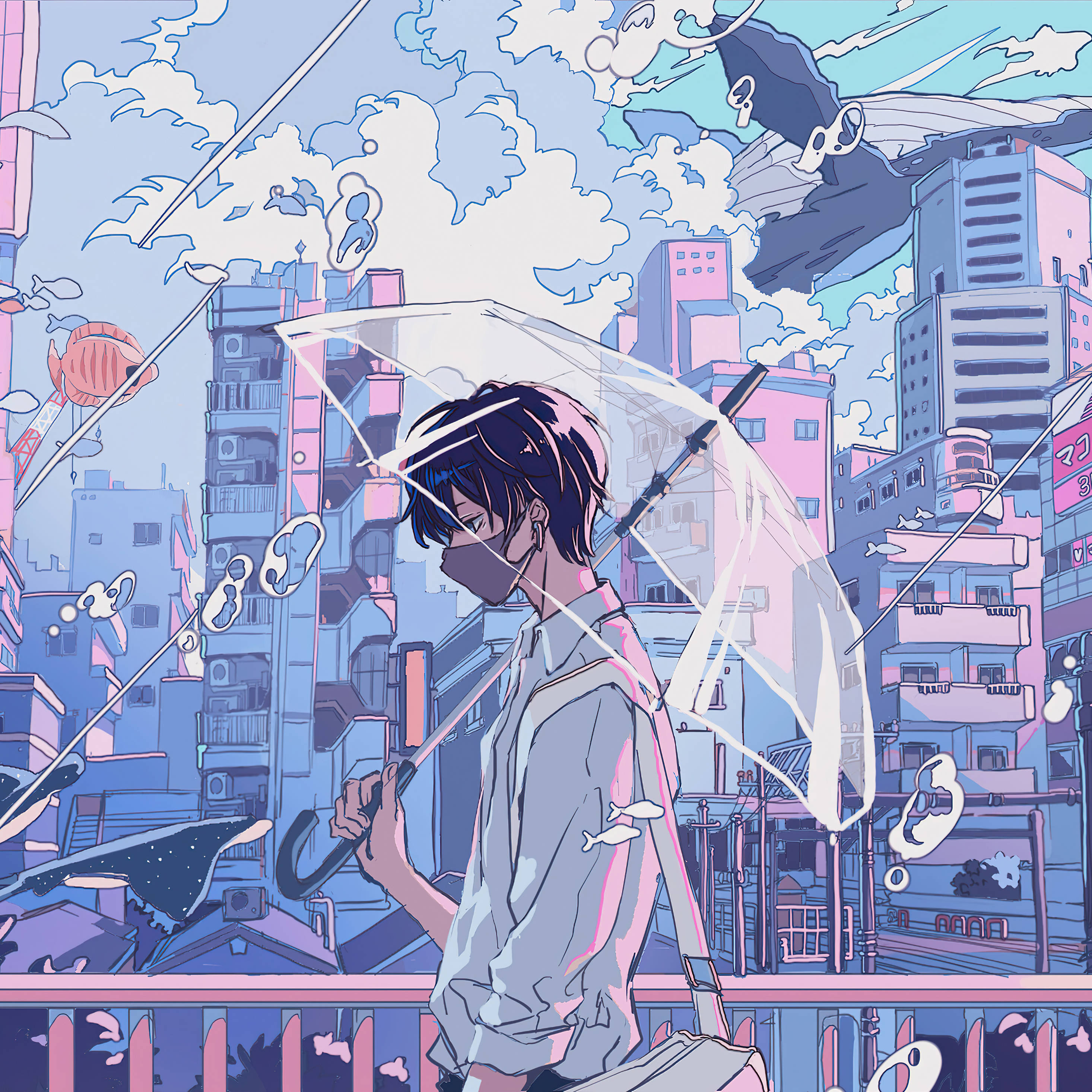 Anime iPad 桌布 壁紙 — 一個戴著口罩的動畫青年，在一個超現實的粉紅色和藍色城市景觀中，手持透明雨傘，周圍有漂浮的魚和雲。