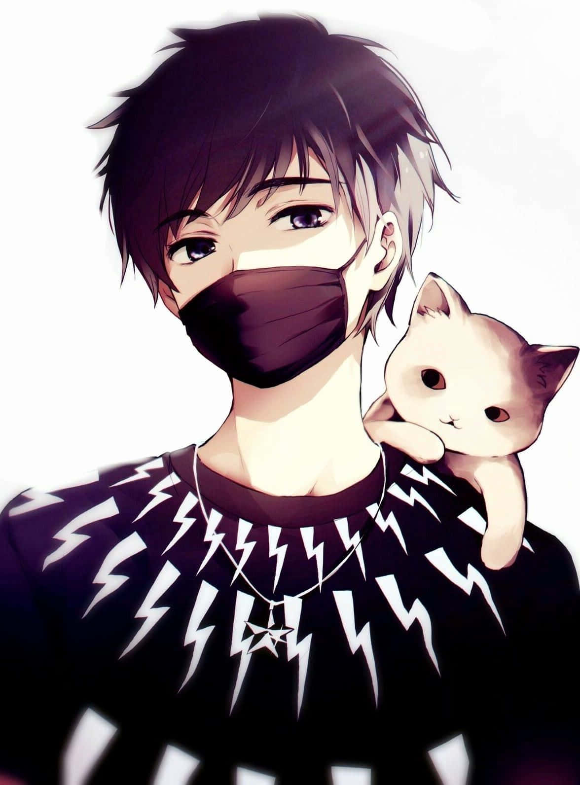 Cute Boy Anime 桌布 壁紙 — 一個戴著口罩的年輕動漫男孩，在純白色背景前輕輕抱著一隻白色小貓。
