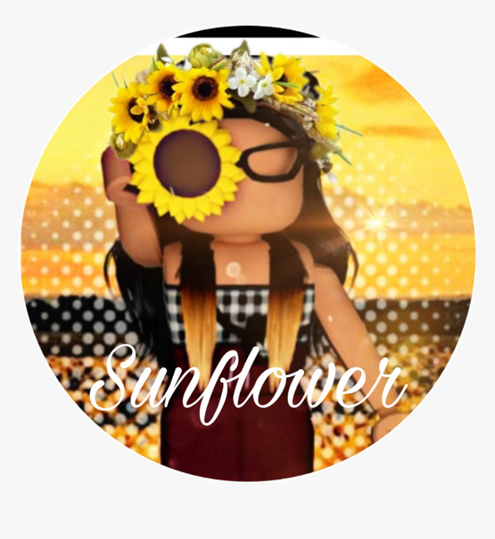 Roblox 桌布 壁紙 — 一個戴著向日葵皇冠和眼鏡的 Roblox 頭像，在金色日落背景下，將一朵巨大的向日葵舉在臉前。
