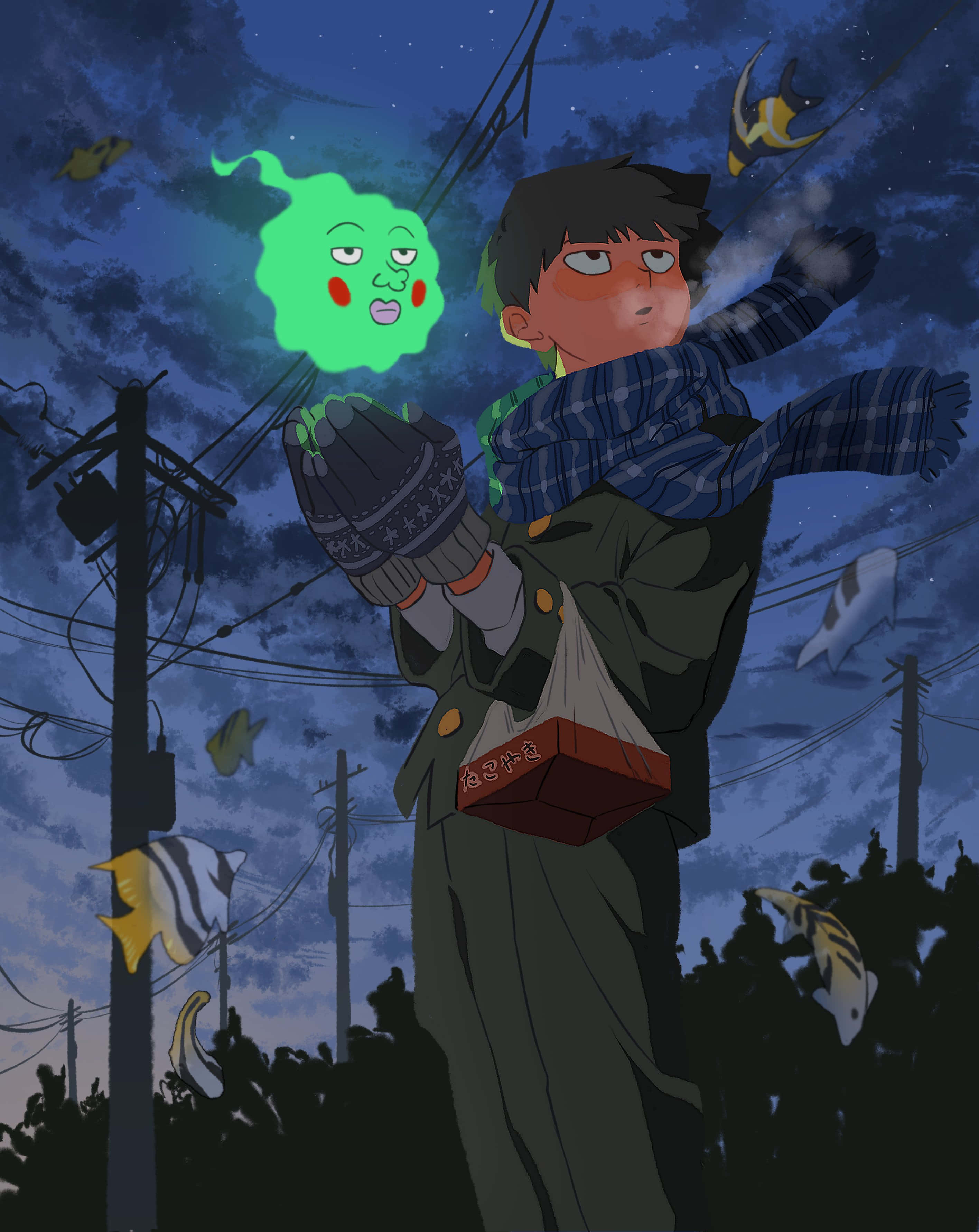 Mob Psycho 100 Ekubo 桌布 壁紙 — 一個戴著圍巾的小男孩拿著一個發光的綠色靈魂，魚兒飛過有電線的星空夜空。