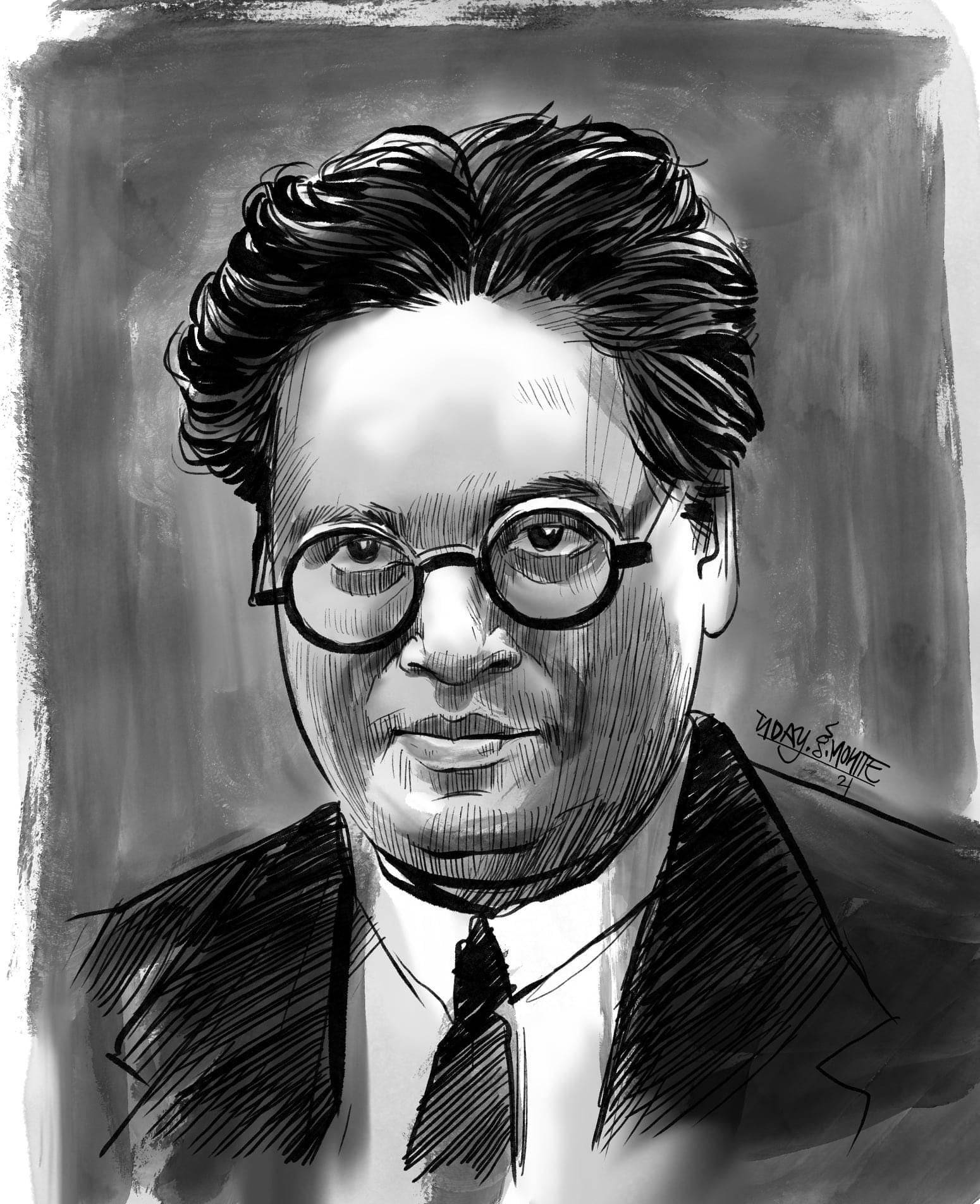 Ambedkar 桌布 壁紙 — 一個戴著圓框眼鏡和西裝、直視前方的男人詳細黑白素描肖像。