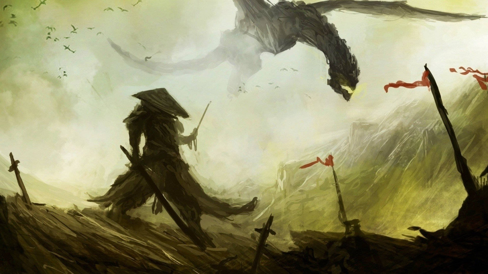 Samurai Art 桌布 壁紙 — 一個戴著圓錐帽的孤獨戰士在戰場上傲然挺立，一頭巨龍在朦朧的天空中翱翔於他頭頂。