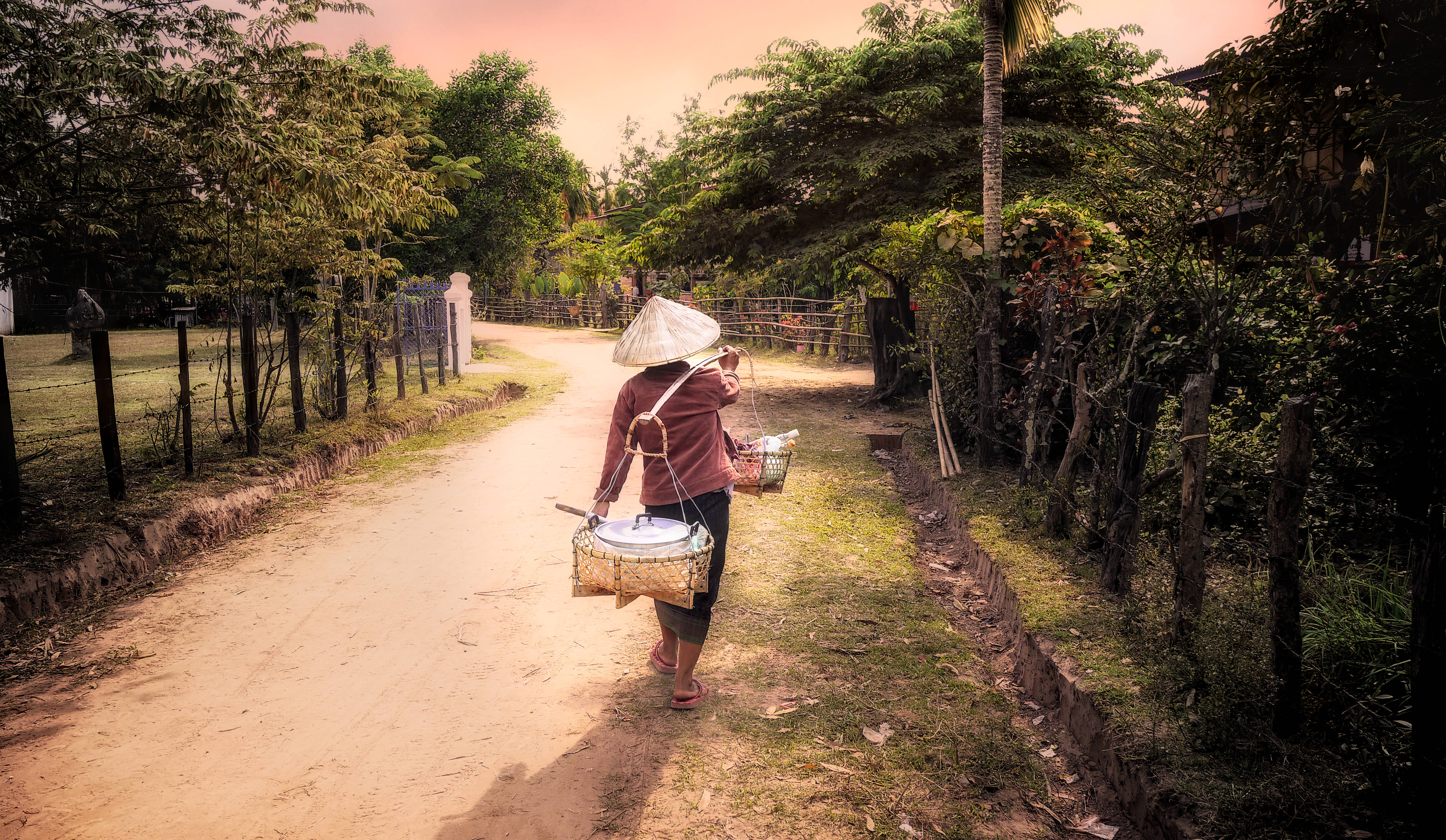 Laos 桌布 壁紙 — 一個戴著圓錐形帽子的人沿著鄉村泥路行走，提著籃子，周圍是茂密的綠樹，在溫暖的日落天空下。