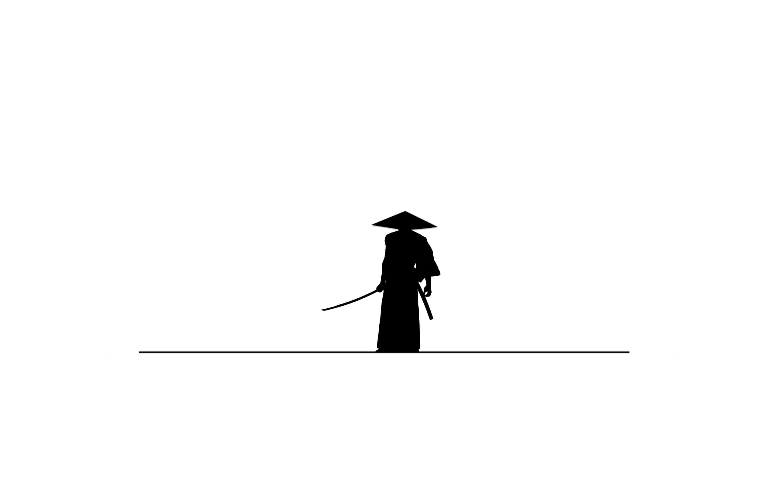 Black And White Samurai 桌布 壁紙 — 一個戴著圓錐形帽子的人物的極簡黑色剪影，獨自站在一條細水平線上，背景是純白色。