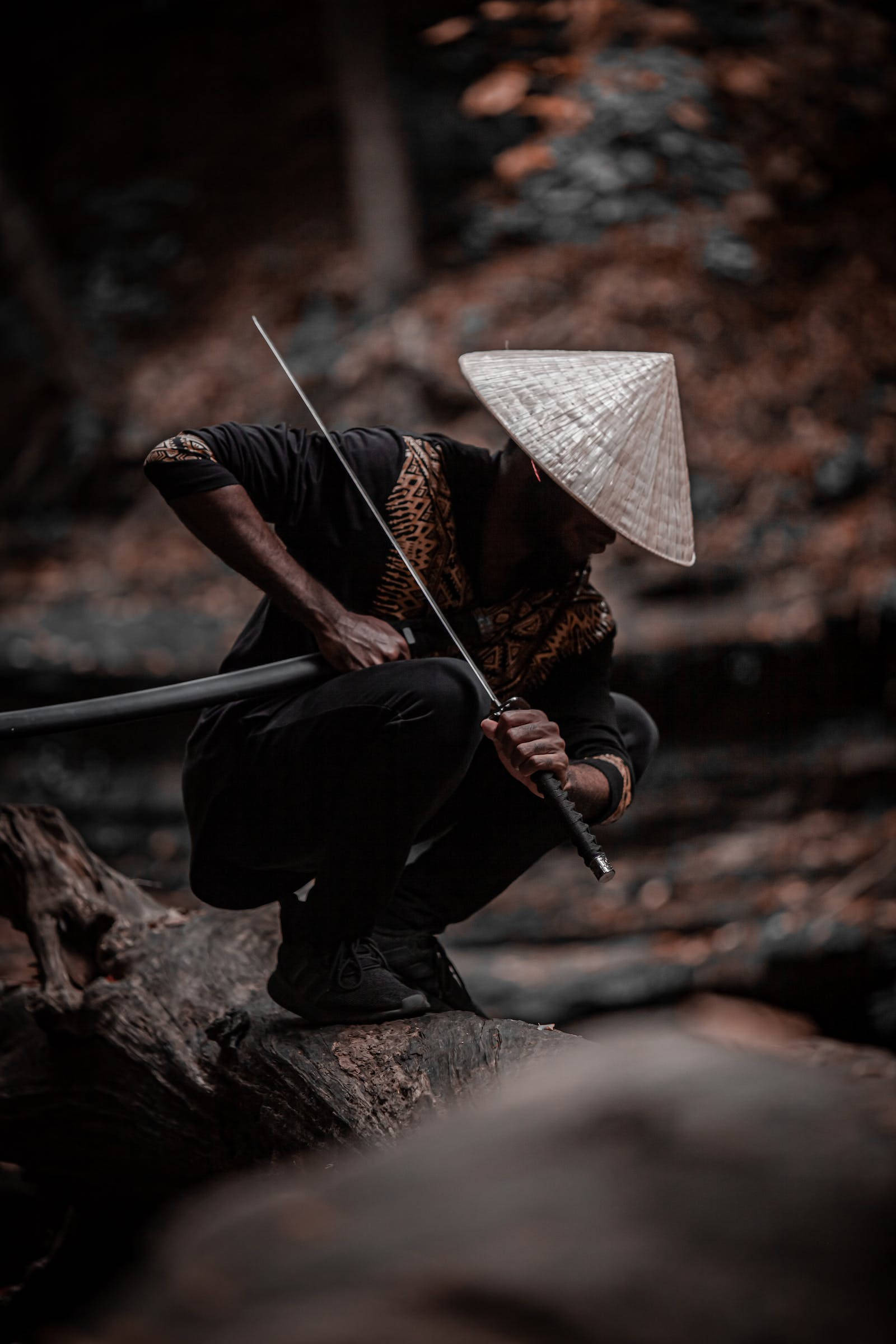桌布 壁紙 — 一個戴著圓錐形帽子的人蹲在木頭上，在秋葉飄落的森林中手持長劍。