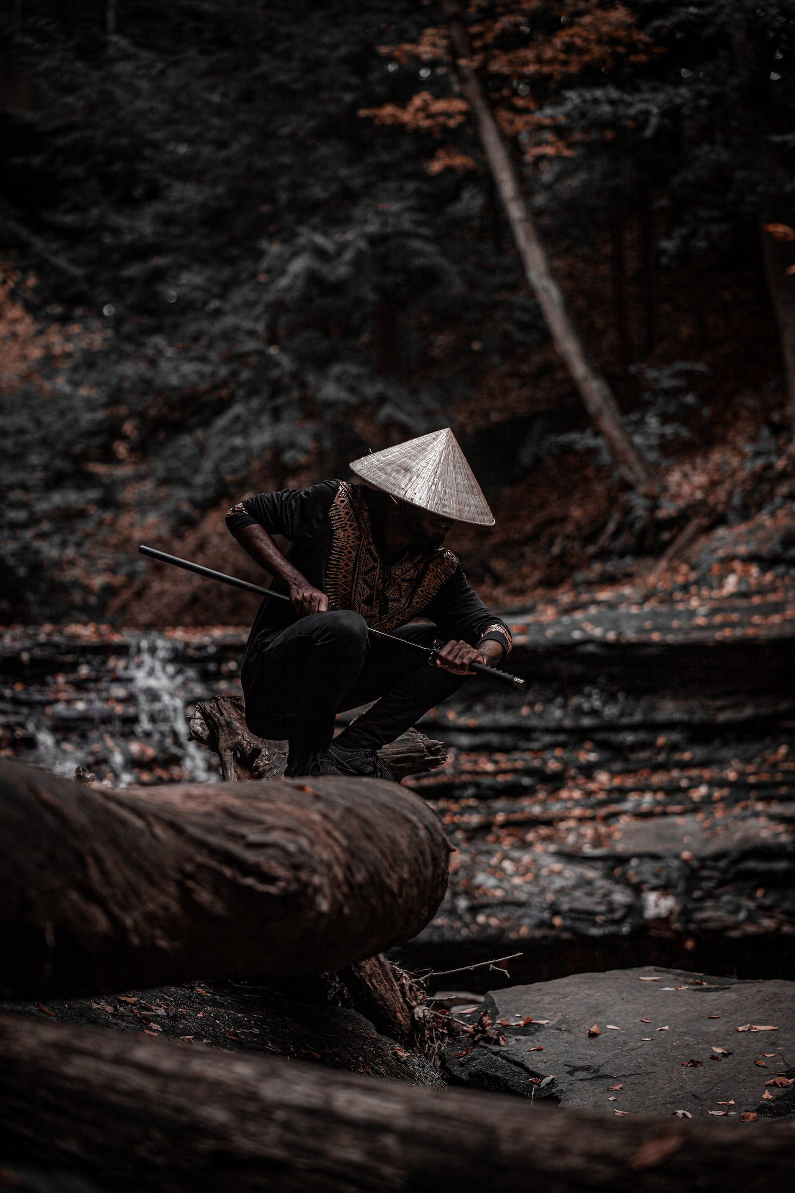 桌布 壁紙 — 一個戴著圓錐形帽子的人蹲在森林溪流旁的圓木上，手持長杖。