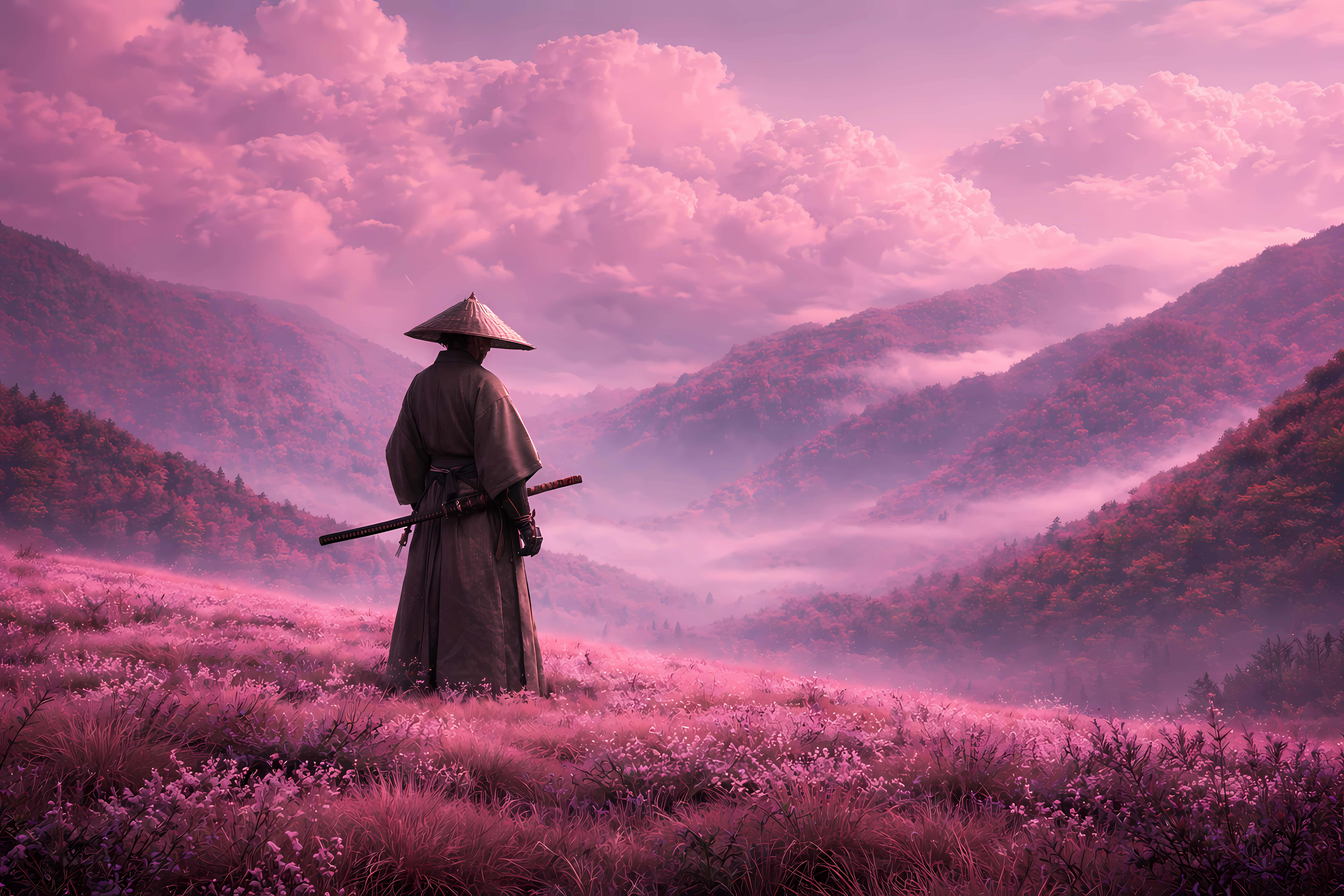 花 桌布 壁紙 — 一個戴著圓錐形帽子的孤獨武士站在粉紅色的花田中，眺望著霧氣瀰漫的紫色山脈，天空呈現夢幻般的粉紅色。