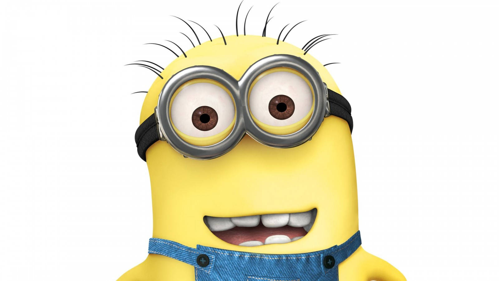 Despicable 桌布 壁紙 — 一個戴著大圓眼鏡和牛仔布吊帶褲的開心黃色Minion，在純白色背景前閃耀。