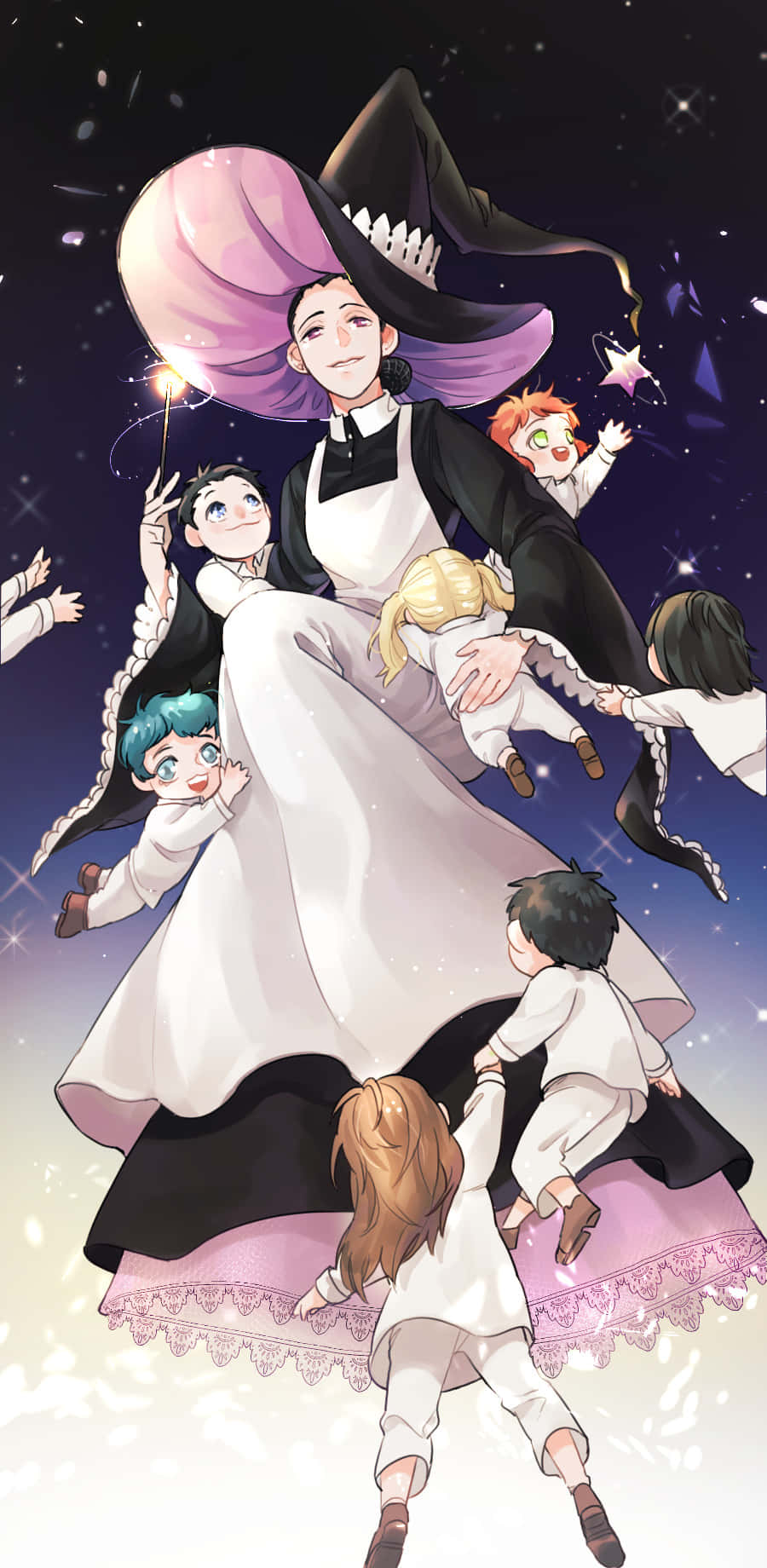 The Promised Neverland Isabella 桌布 壁紙 — 一個戴著大帽子的奇幻動畫女巫在閃爍的星星中漂浮，同時抱著幾個穿著白色衣服的孩子玩耍。