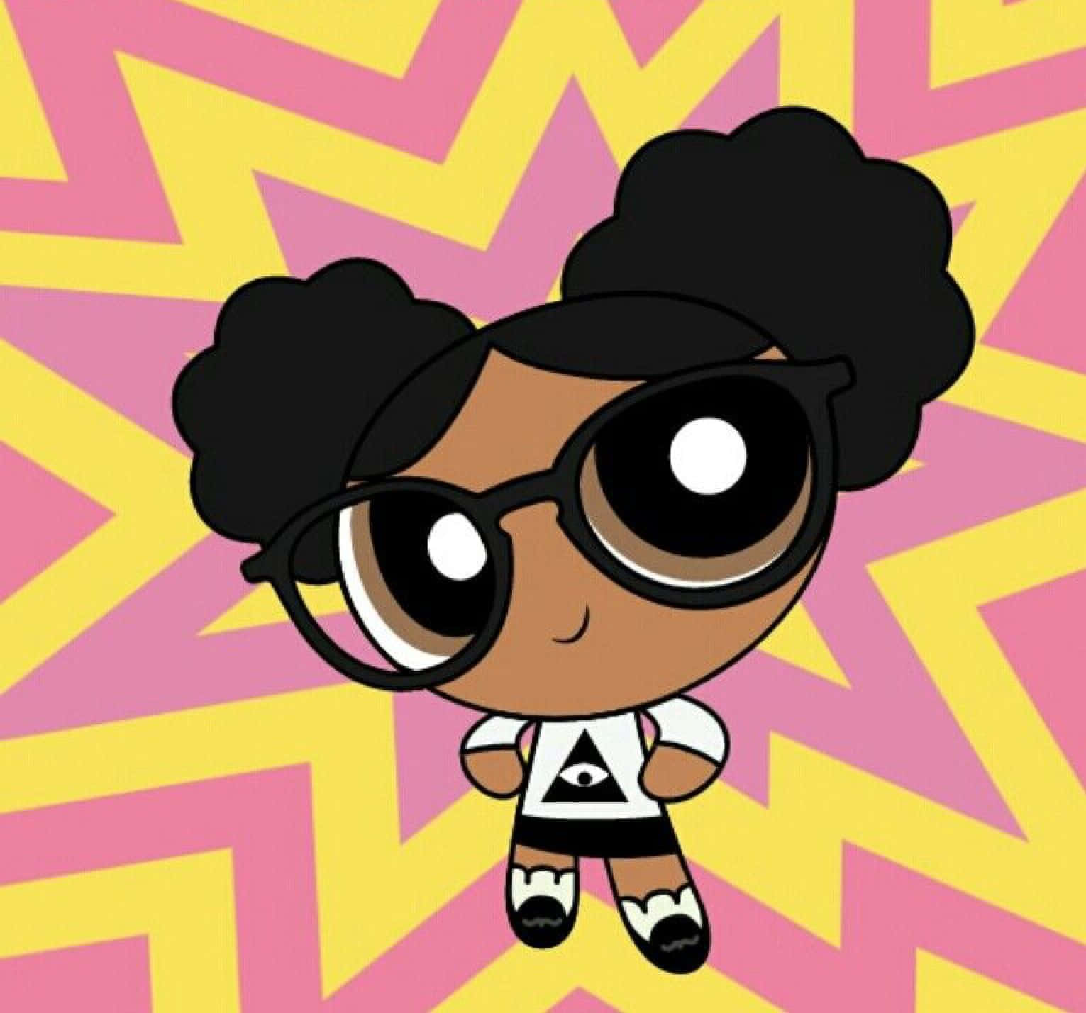 Black Cartoon Characters 桌布 壁紙 — 一個戴著大眼鏡和爆炸頭髮的卡通女孩站在大膽的粉紅色和黃色鋸齒形背景前。