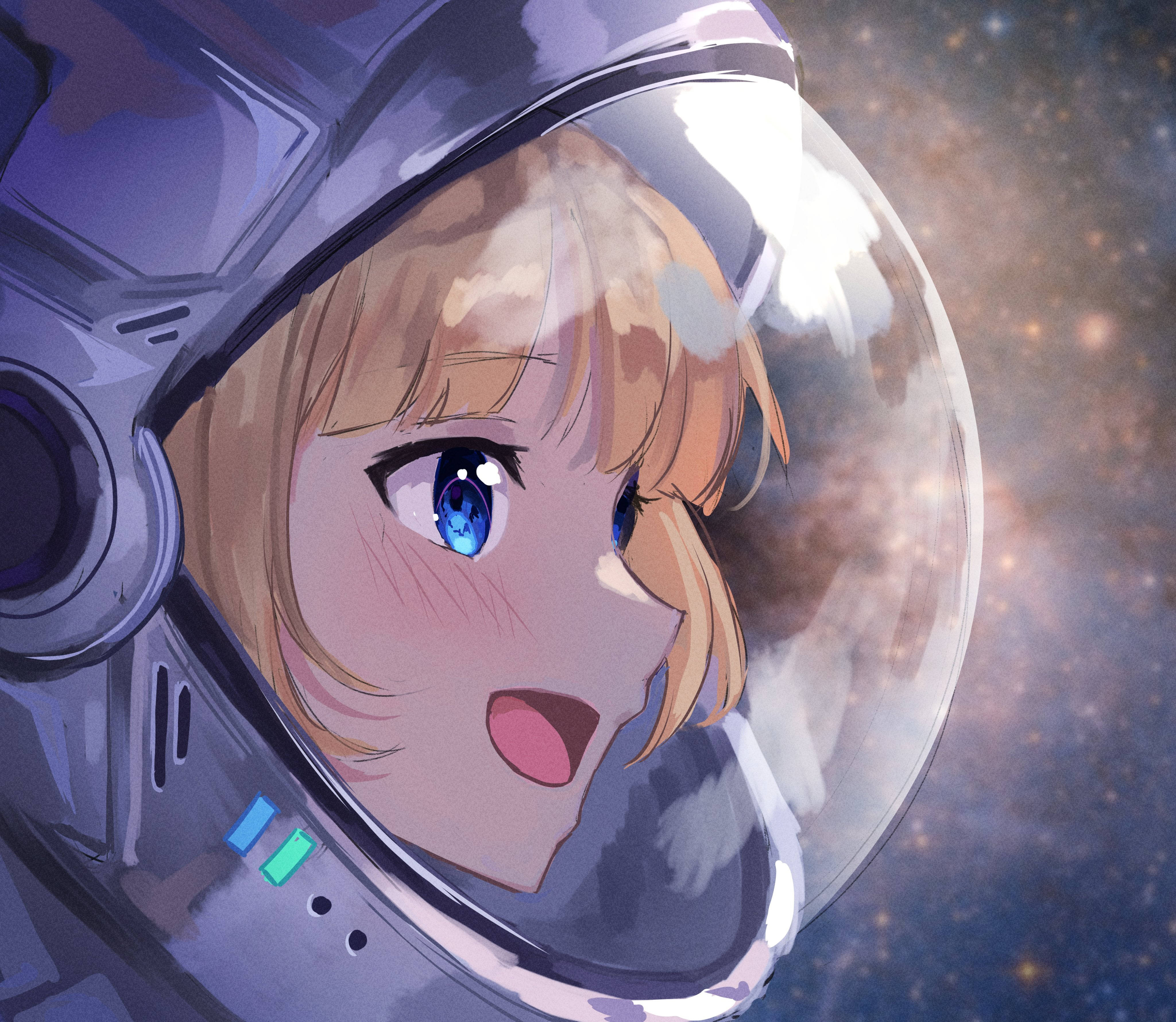 Amelia 桌布 壁紙 — 一個戴著太空頭盔的驚訝動漫女孩，用藍色大眼睛凝視著繁星點點的宇宙。