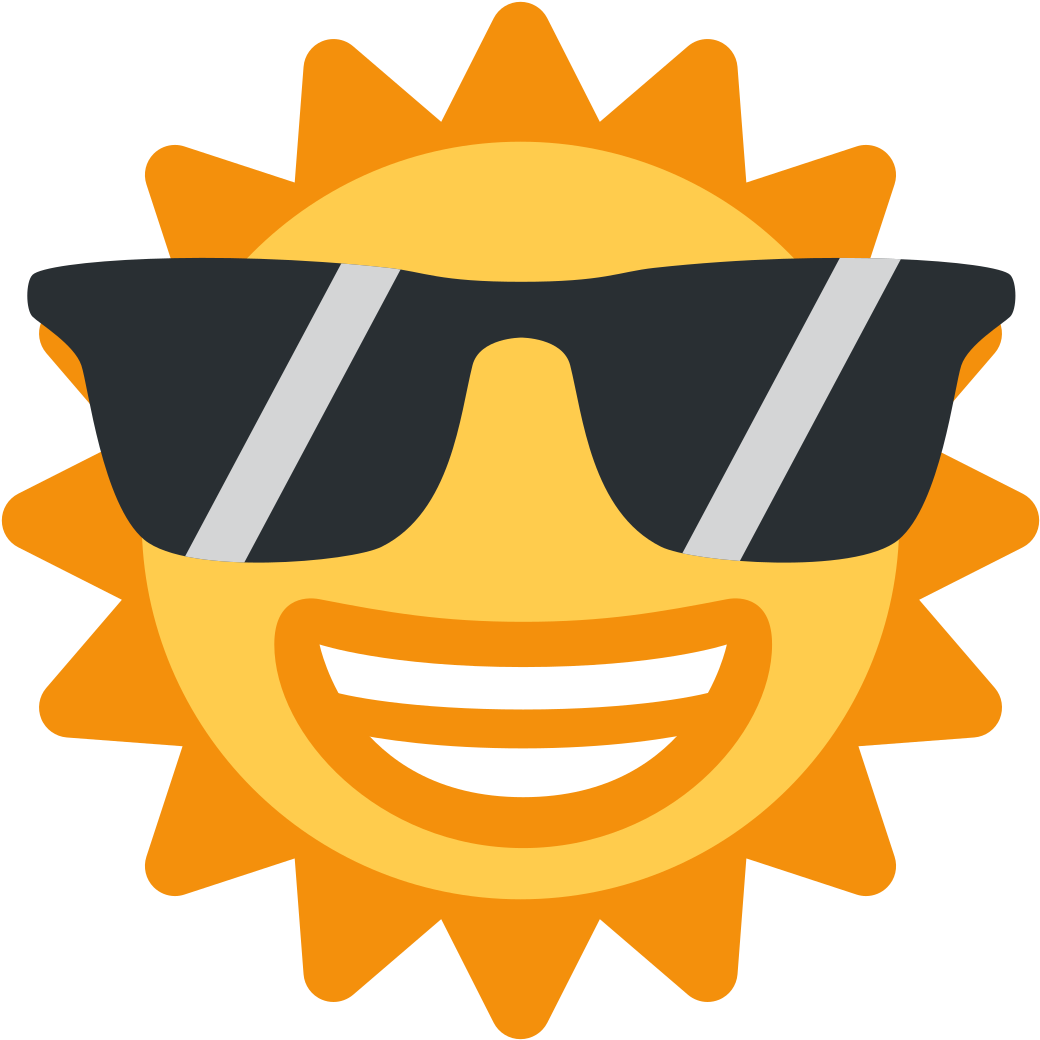 Emoji Discord 桌布 壁紙 — 一個戴著太陽眼鏡、咧嘴大笑的卡通太陽，散發出明亮的橙色和黃色色調。