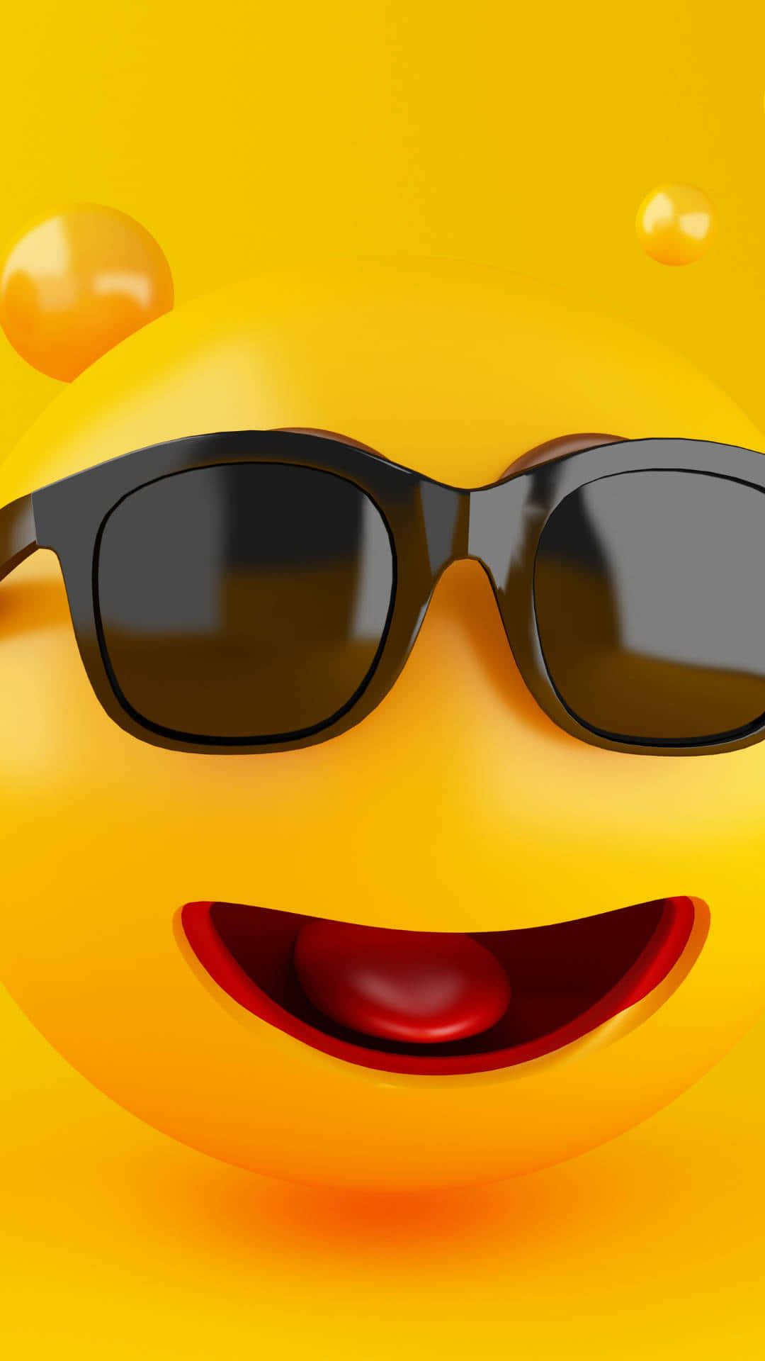 Cute Emoji 桌布 壁紙 — 一個戴著太陽眼鏡、露出寬闊紅色笑容的開心黃色表情符號，背景是純黃色。