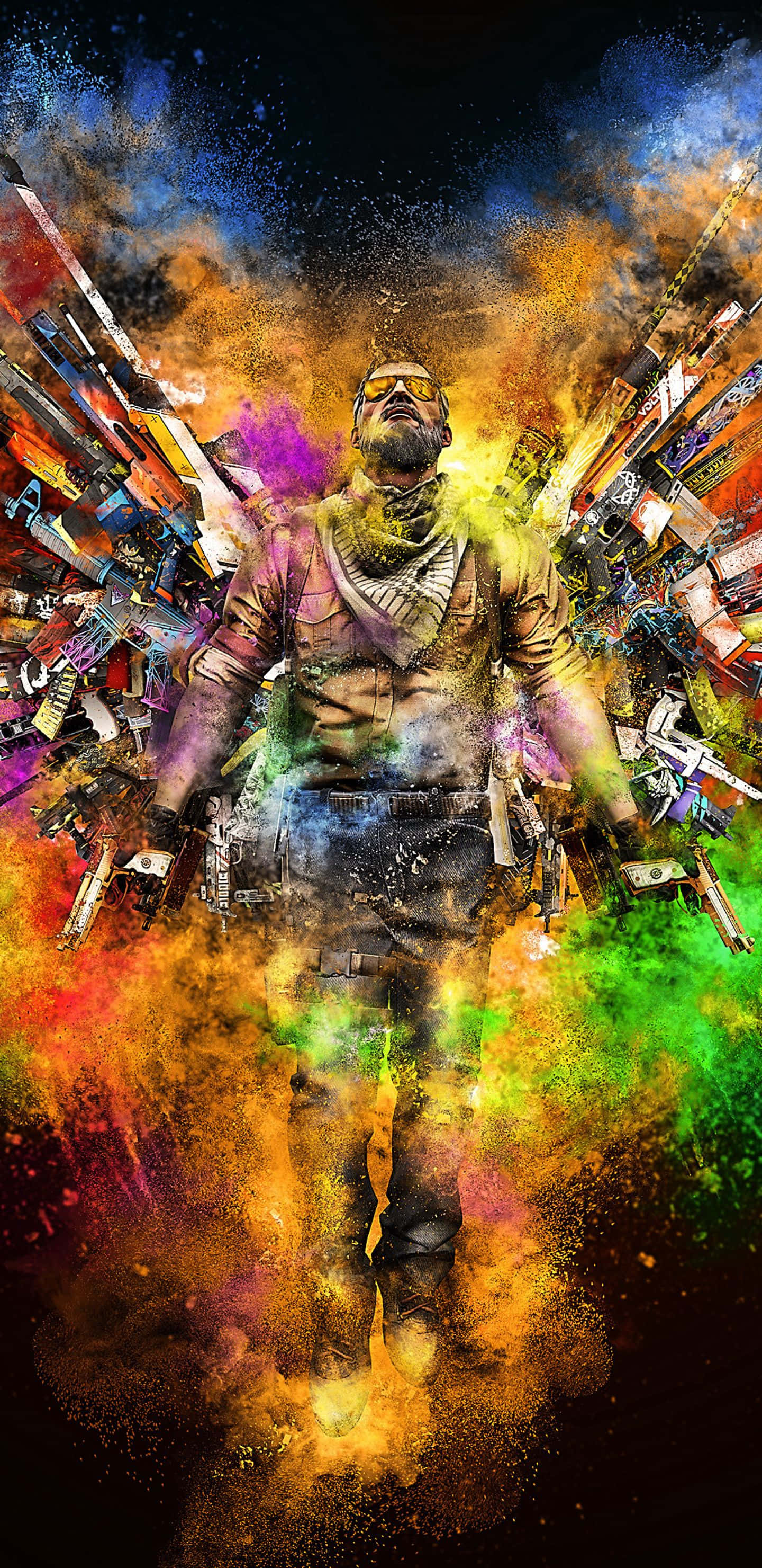 Android Counter-strike Global Offensive 桌布 壁紙 — 一個戴著太陽眼鏡和圍巾的男人站在色彩繽紛的火藥和武器的爆炸中，背景是繁星點點的夜空。