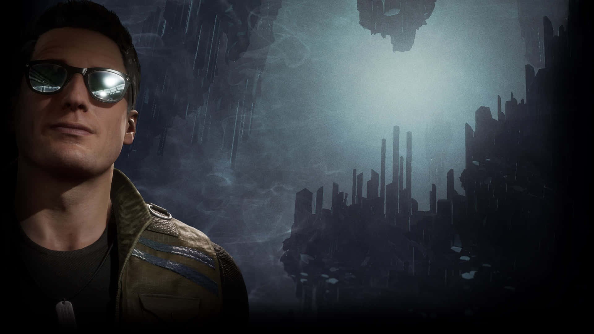 Johnny Cage 桌布 壁紙 — 一個戴著太陽眼鏡和皮夾克的男人站在發光天空下黑暗的未來城市景觀前。
