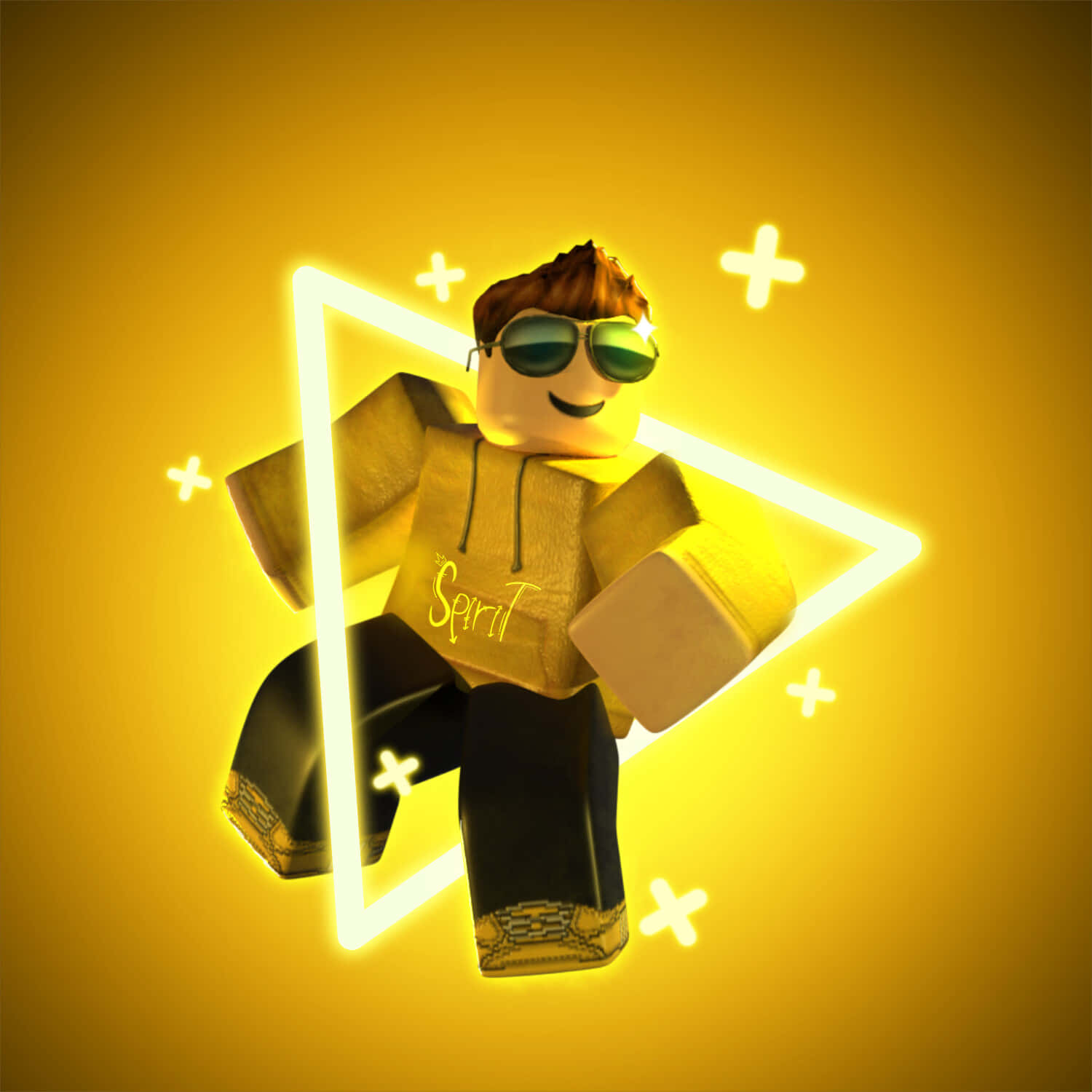藝術 桌布 壁紙 — 一個戴著太陽眼鏡和連帽衫的Roblox虛擬角色在金色背景上的霓虹三角形內發光。