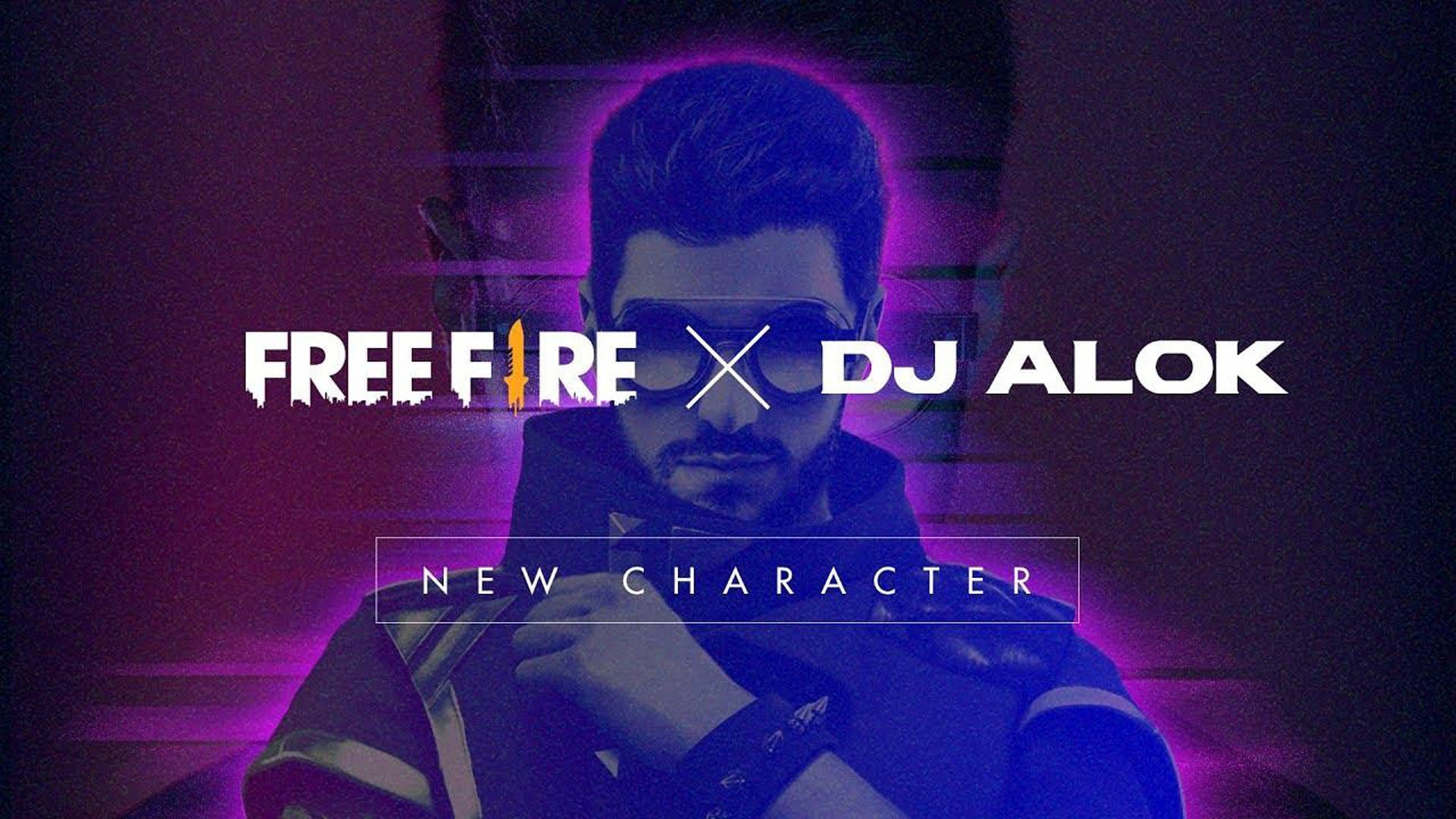 Free Fire Dj Alok 桌布 壁紙 — 一個戴著太陽眼鏡和連帽衫的男人在黑暗背景中散發紫色霓虹光芒，並帶有「FREE FIRE x DJ ALOK」文字。