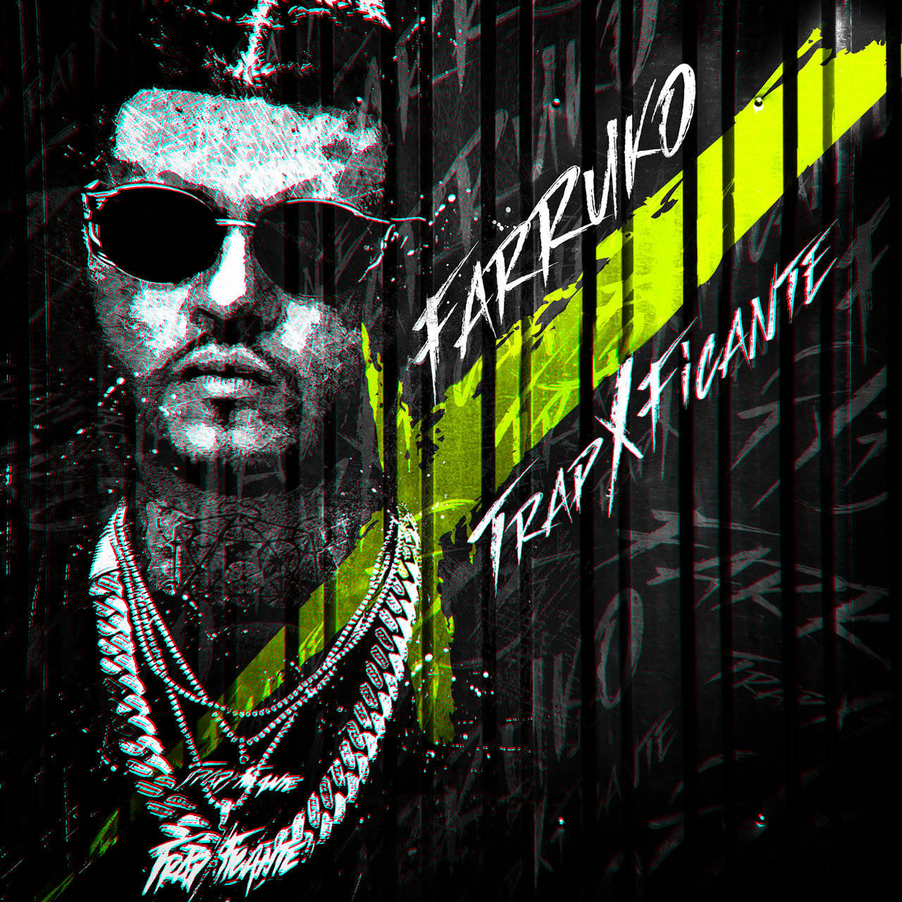 farruko 桌布 壁紙 — 一個戴著太陽眼鏡和鏈條的男人，在黑色背景上帶有霓虹綠色塗鴉的粗獷數位藝術肖像。