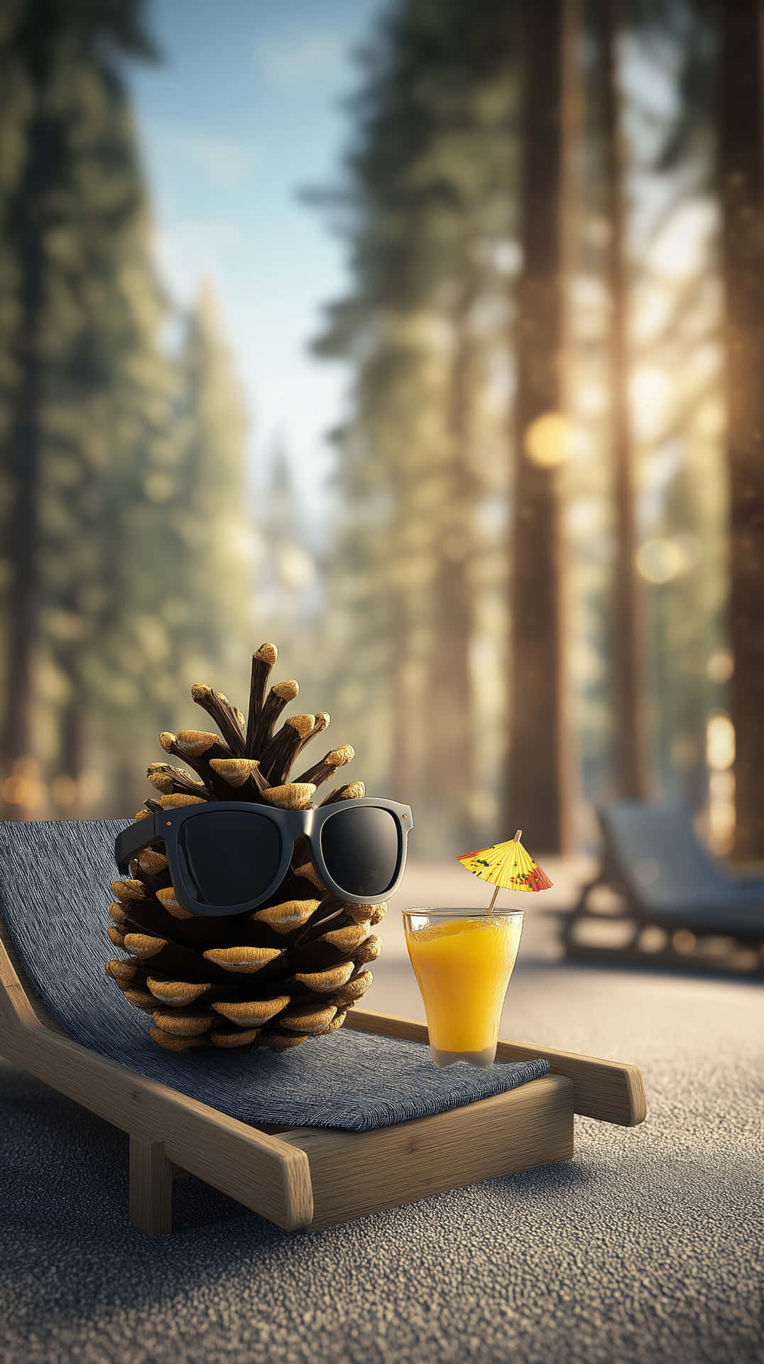 Pinecone Character Lounging by a Forest Clearing 壁紙 — 一個戴著太陽眼鏡的松果在陽光普照的松樹下，躺在沙灘椅上，旁邊放著一杯熱帶飲品。